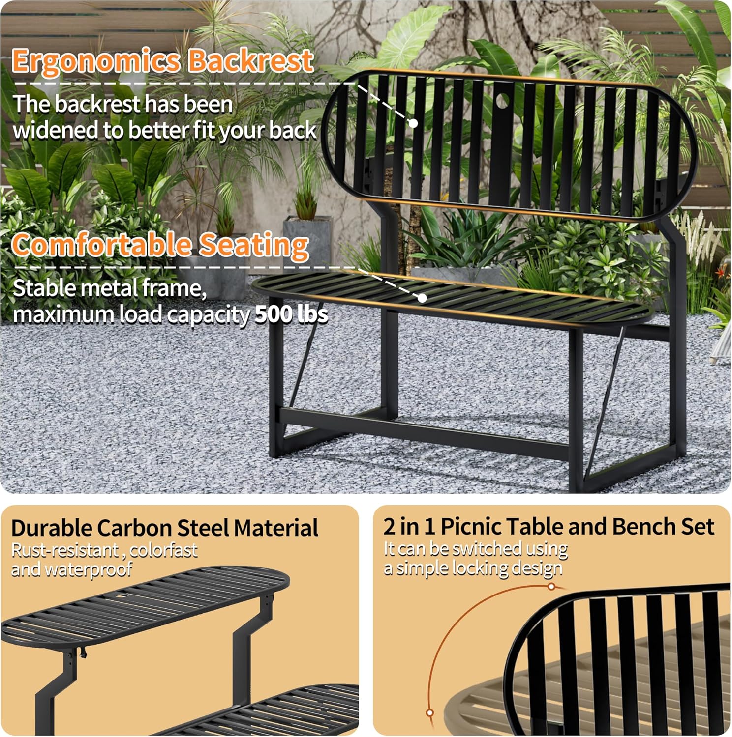 Convertible Bench, 2 in 1 Carbon Steel Picnic Table, Transforming Interchangeable Outdoor Table with Umbrella Hole, for Outside Patio Porch Backyard Park Garden 2 Pack Black Bench