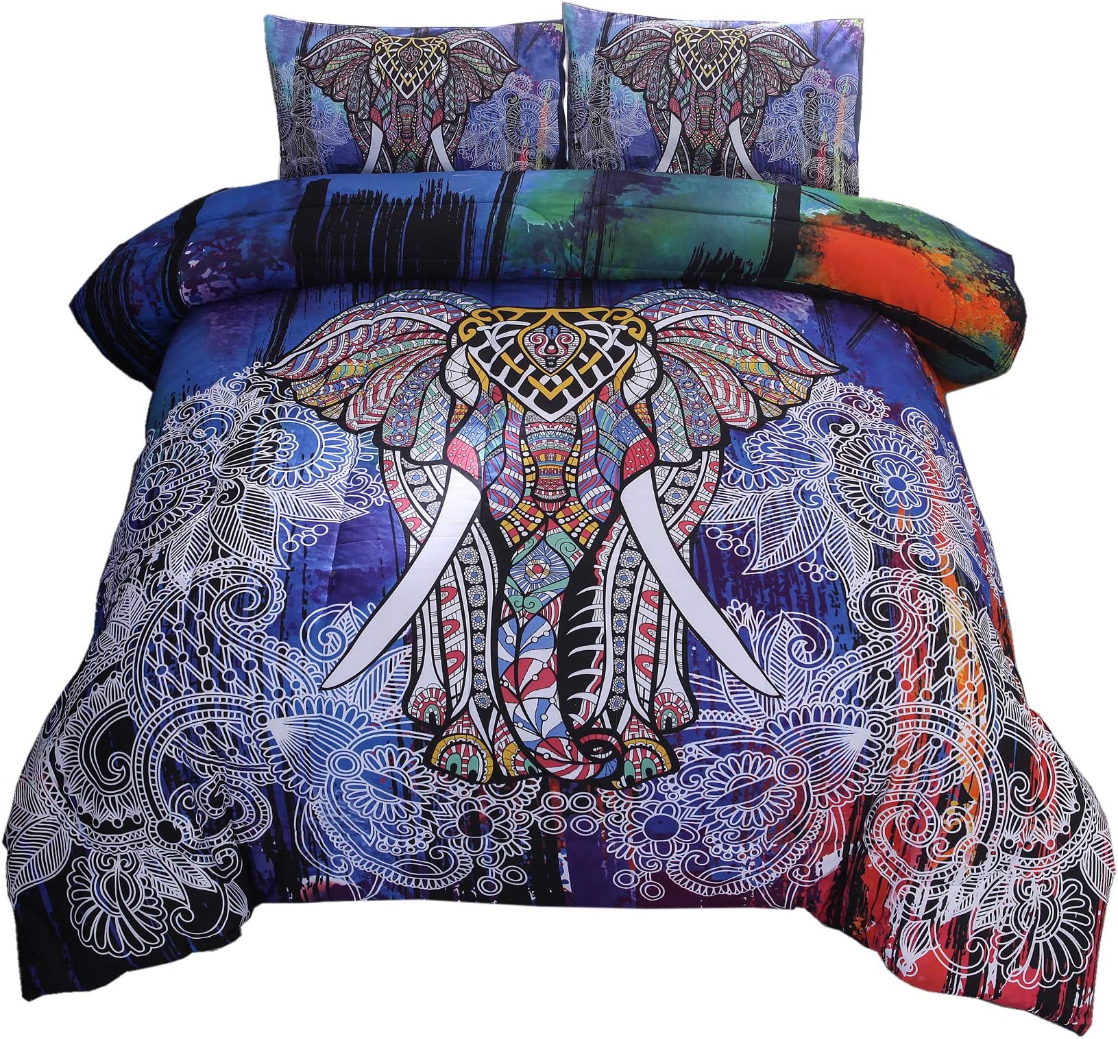Meeting Story 3PC India Bohemian Comforter Bedspread Elephant Boho Mandala Microfiber Quilt Bedding Sets (Blue)