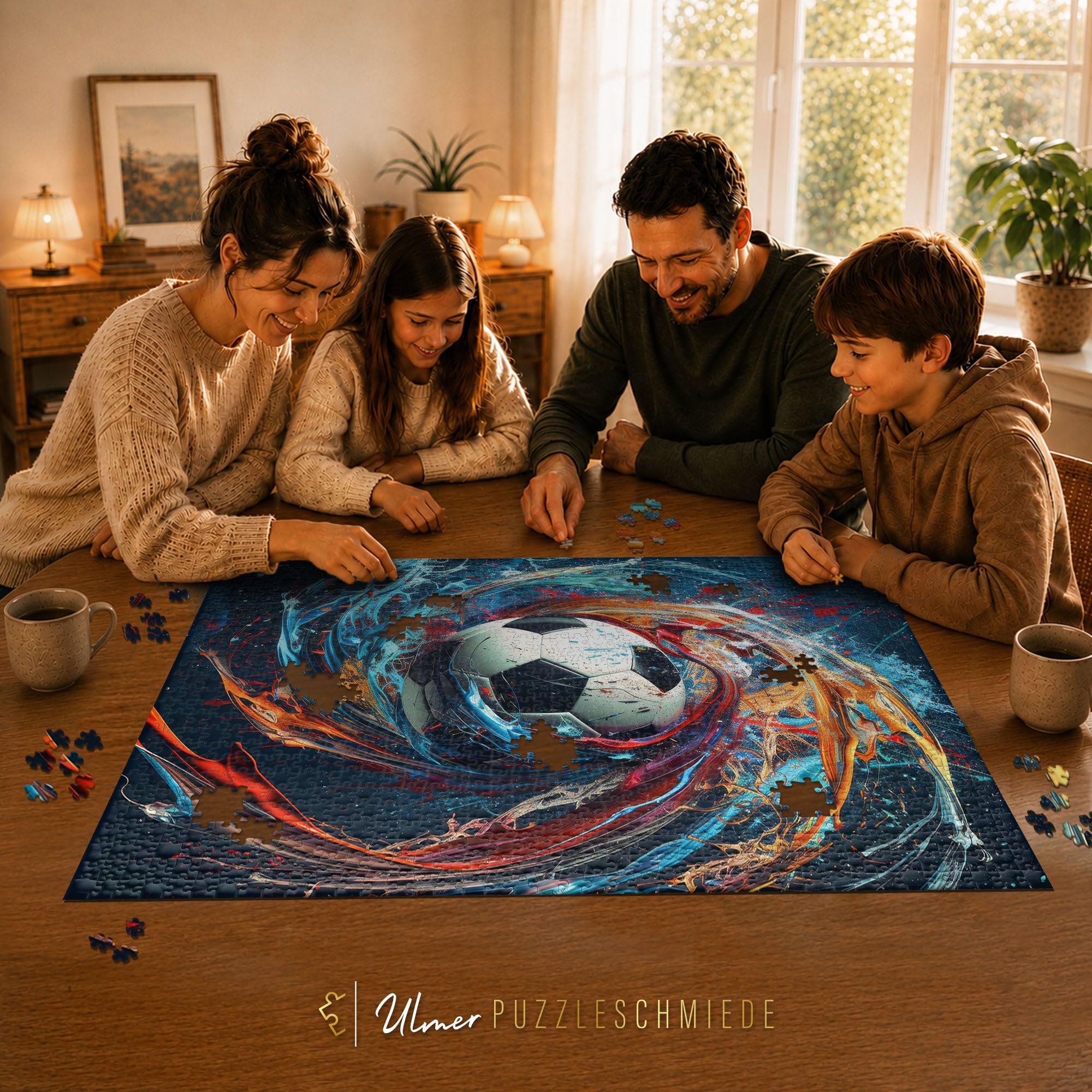 Ulmer Puzzleschmiede - 2000 elementów puzzli "Spin" – motyw piłki nożnej w klasycznym stylu, otoczony spektakularną rotacją kolorów – jakość Made in Germany