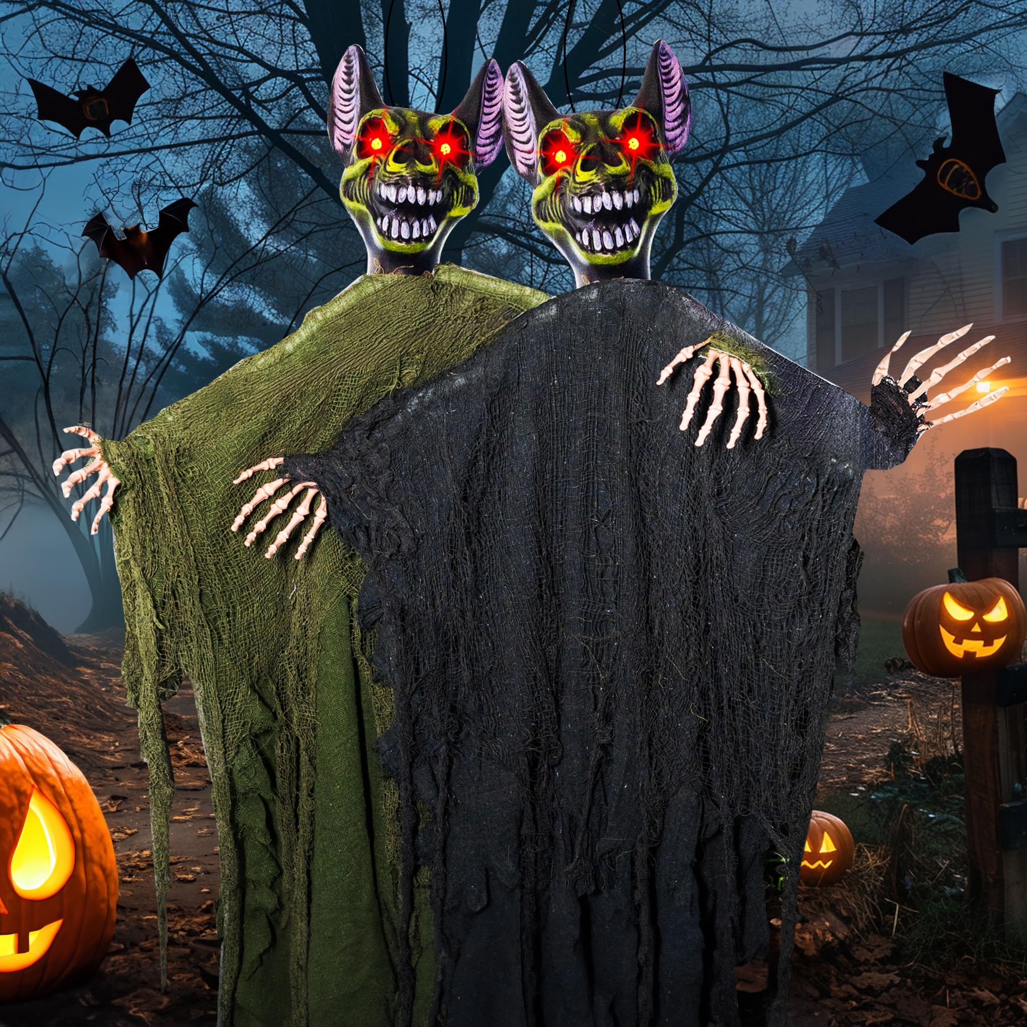 NEROSUNHalloween Decorations Outdoor, 2 Pack 6FT Hanging Bat Ghost, Scary Bat Spooky Decor with Lighted Red Eyes, Skeleton Monster for Indoor Outdoor Garden Lawn Yard Halloween Decor