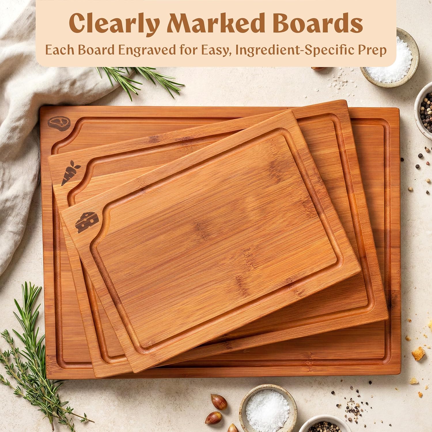 EDELHAUS Carbonized Bamboo Cutting Boards – Cutting Board Set of 3 Heat Treated for Rich Color & Lower Moisture Absorption, Chopping Boards with Juice Groove, Non-Toxic, FSC Certified incl. Stand