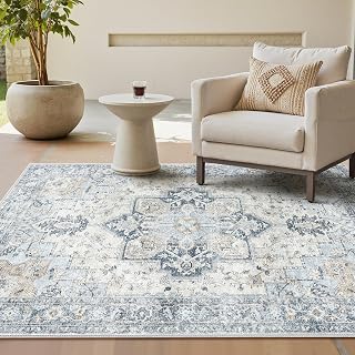 GENIMO Vintage Boho Teppich Blau, Waschbar fürs Wohnzimmer, 160x230 cm | Weicher Kurzflor, Rutschfeste Rückseite, Pflegeleicht für Schlafzimmer und Esszimmer