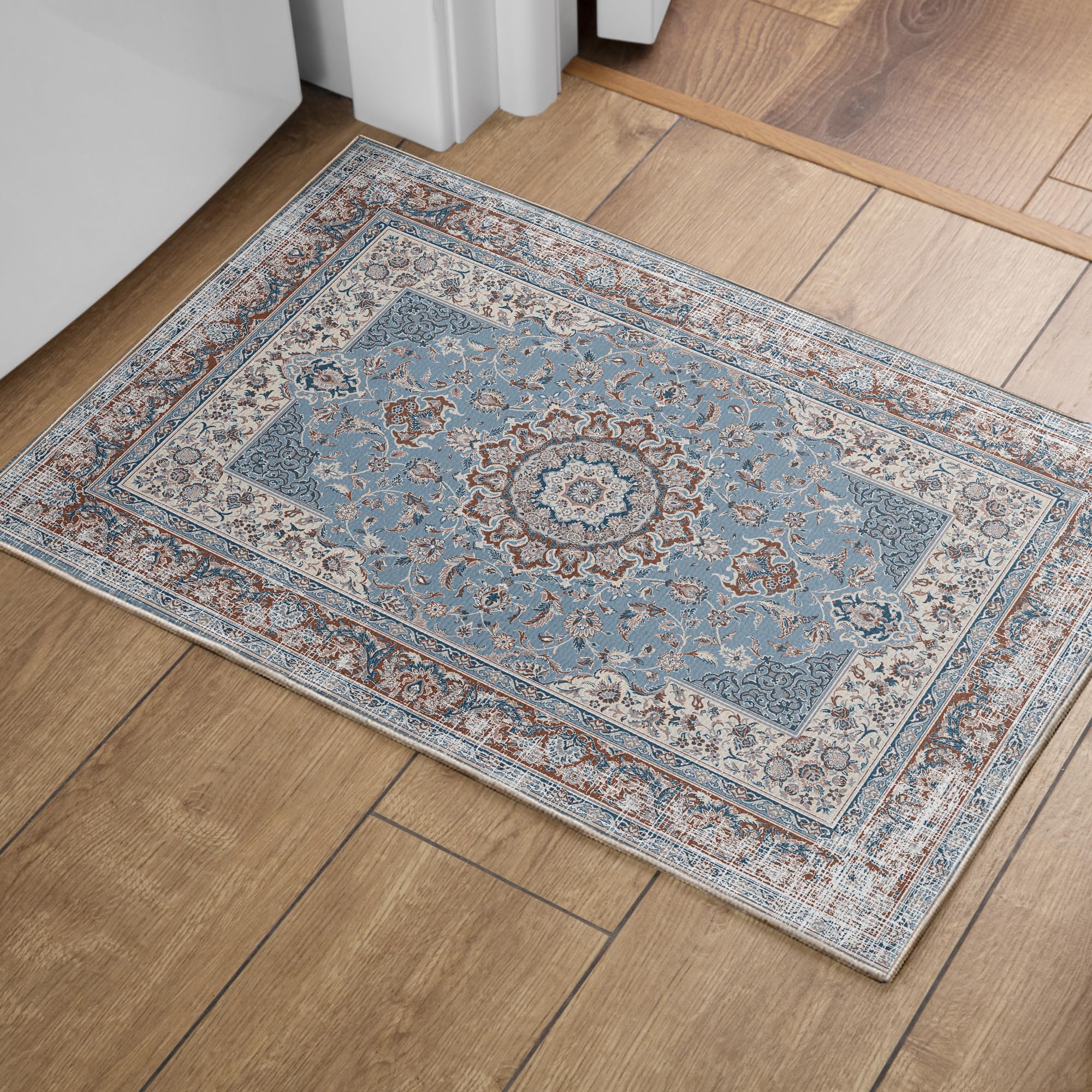 OMERAI Alfombra Vintage Lavable de Alfombra Moderna Alfombra de Pelo Corto Tradicionales Dormitorio Rug Alfombra de Salón Imitación Cachemira de Antideslizantes Azúl 60X130CM