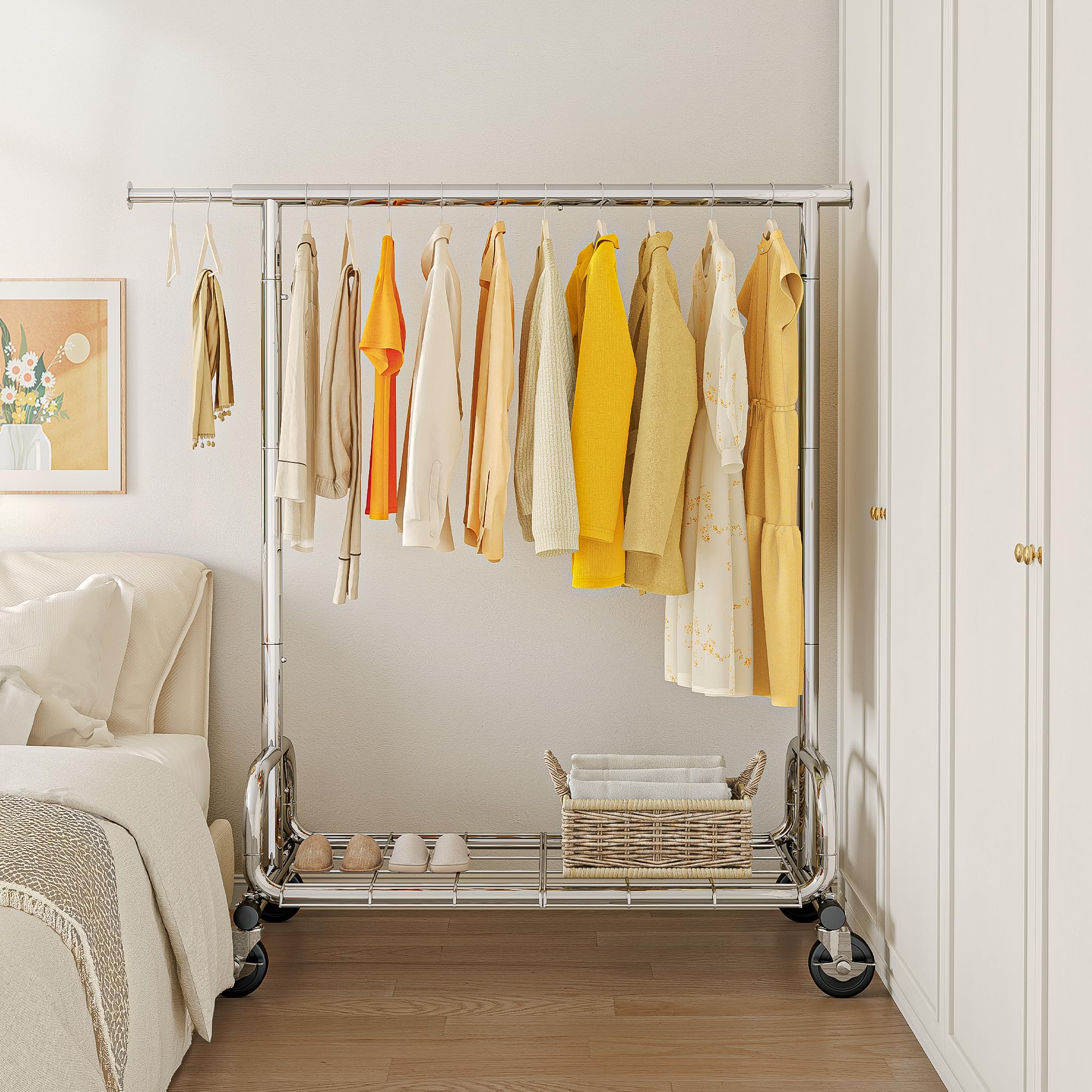 HOKEEPER Burro de Ropa Resistente 136kg, Barra Extensible con Ruedas Bloqueables y Estante, Ahorra Espacio para Dormitorio, Apartamento Pequeño, Lavandería, Plateado