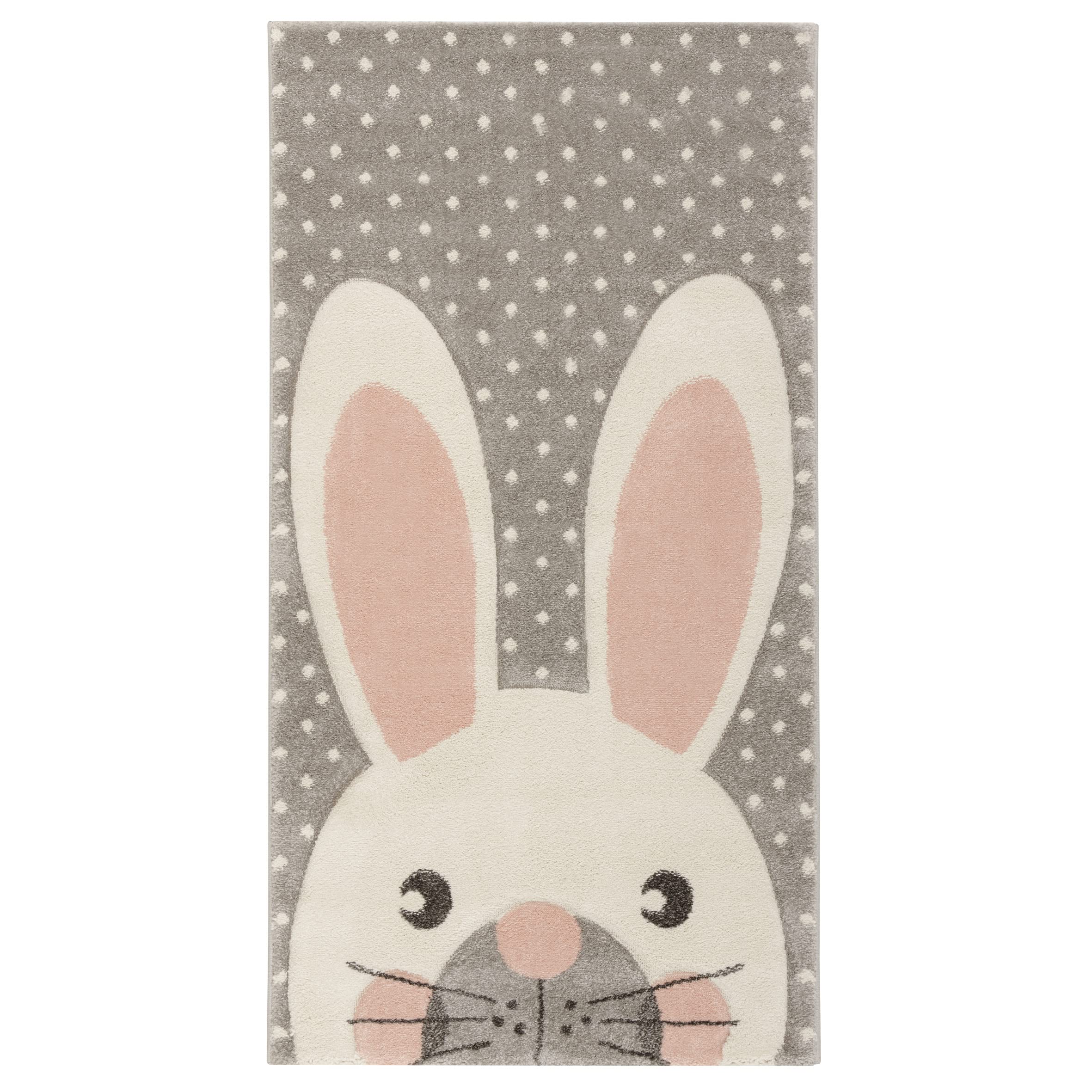 Baroni Home Tappeto Morbido Cameretta Bambini, Tappeto Moderno a Pelo Corto, Scendiletto Camera Bambino Bambina Colori Pastello, Grazioso Coniglio Grigio, 80x150 cm