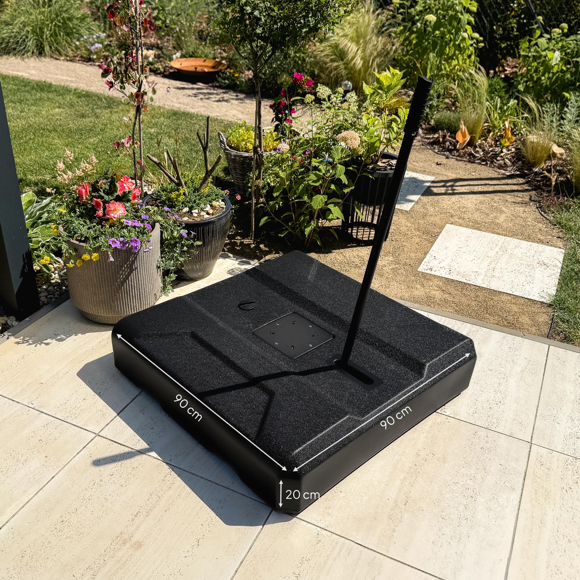UNIGARDIA befüllbarer Sonnenschirmständer mit Rollen, befüllt bis 160 kg | Rollbarer Schirmständer bis für große Sonnenschirme, mit praktischem Zuggriff, windstabiles Design, 90 x 90 x 20 cm
