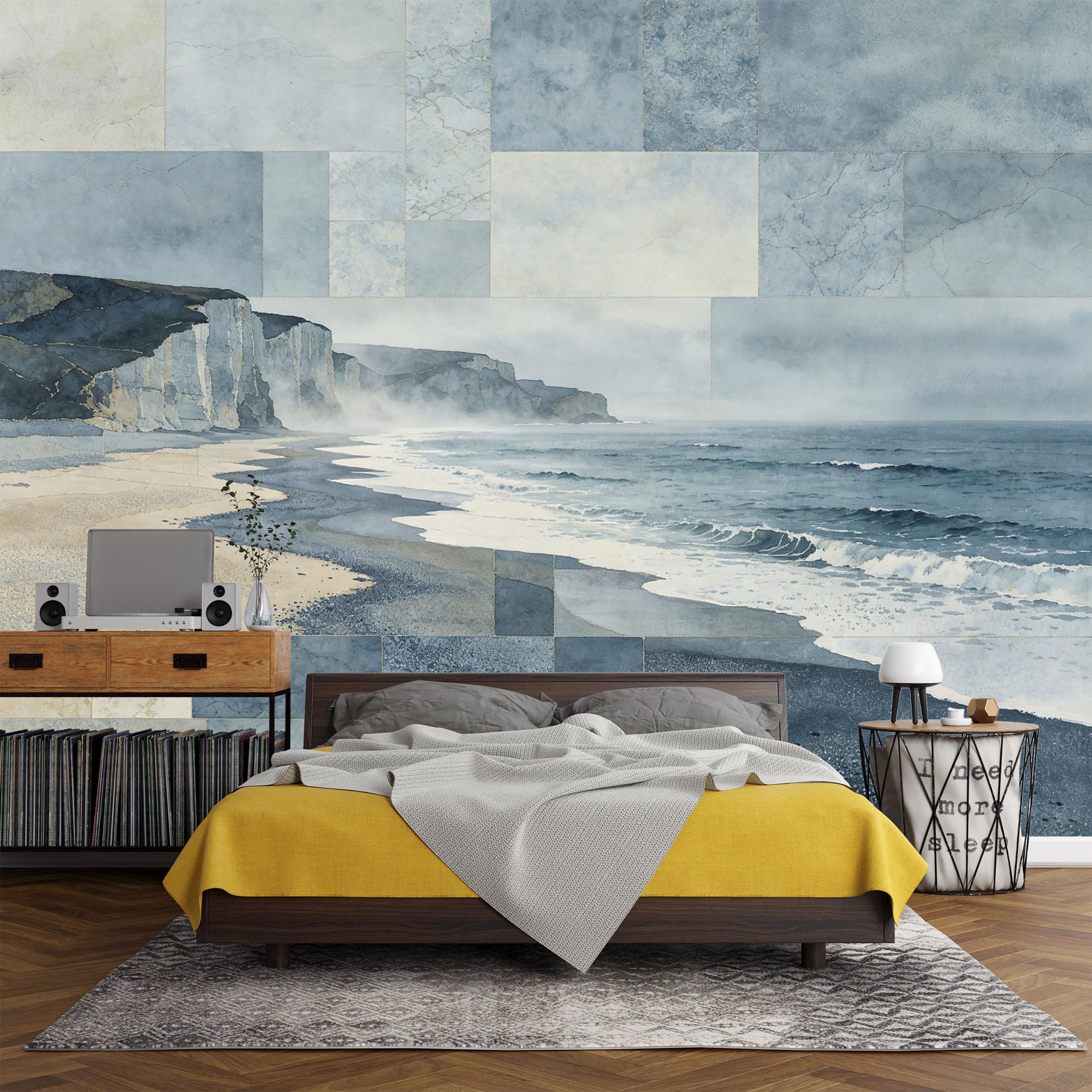 Custom Size Wall Mural Coastal Ocean Cliff Beach Landscape Watercolor Texture SelfAdhesive Art Prints wall Fabric（No PVC） Removable Wallpaper Living Room Decor