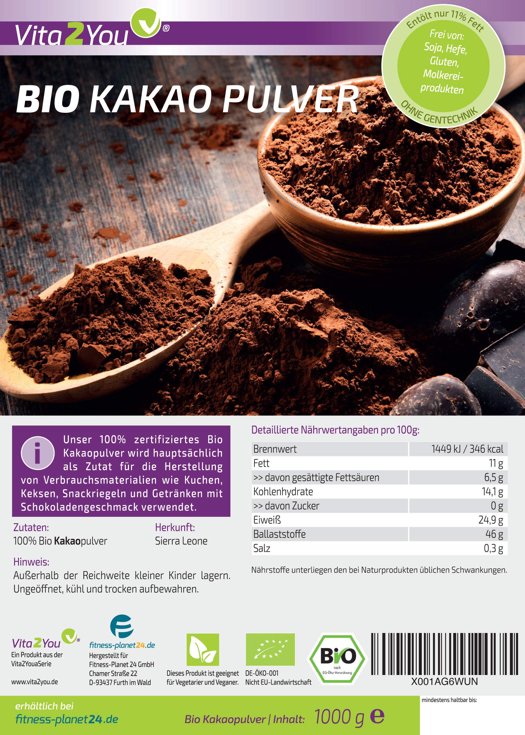 Kakao Pulver Bio 1000g - ungesüßt - ganze Kakao Bohnen gemahlen aus öko Anbau - kakaopulver - Premium Qualität
