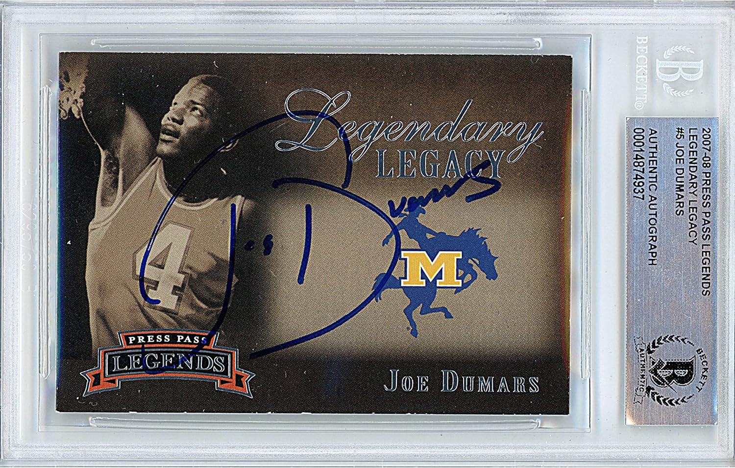 Joe Dumars Autographed 2007 2008 Press Pass Legends Legendary Legacy Basketball Trading Card Beckett BAS Authentic Slabbed COA Played For Detroit Pistons McNeese State Cowboys