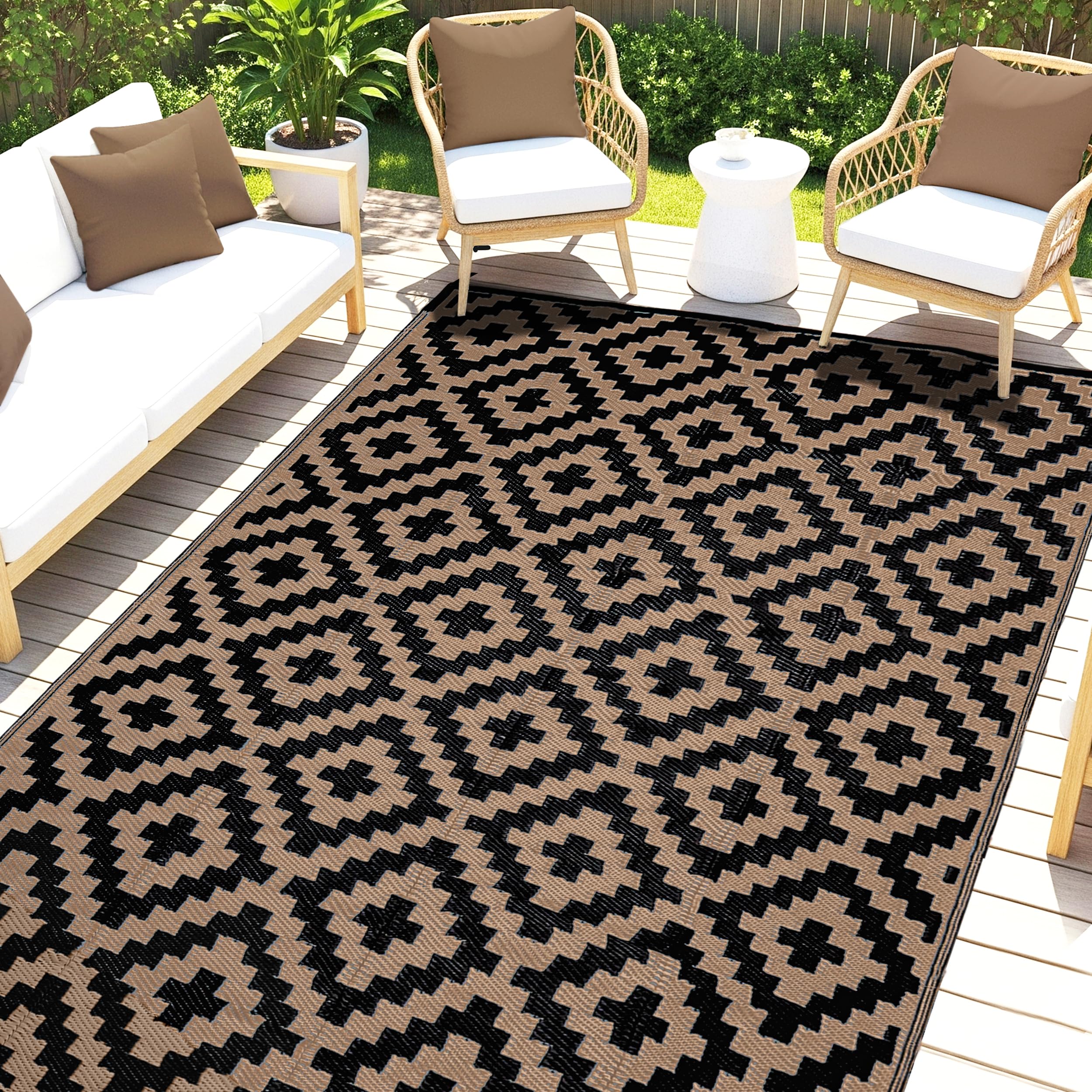Utopia Home Waterproof Outdoor Rug for Patio 6 x 9 ft, Reversible Plastic Straw Mat for Camping, Picnics, Balcony, Patio, Diamond - Black & Brown