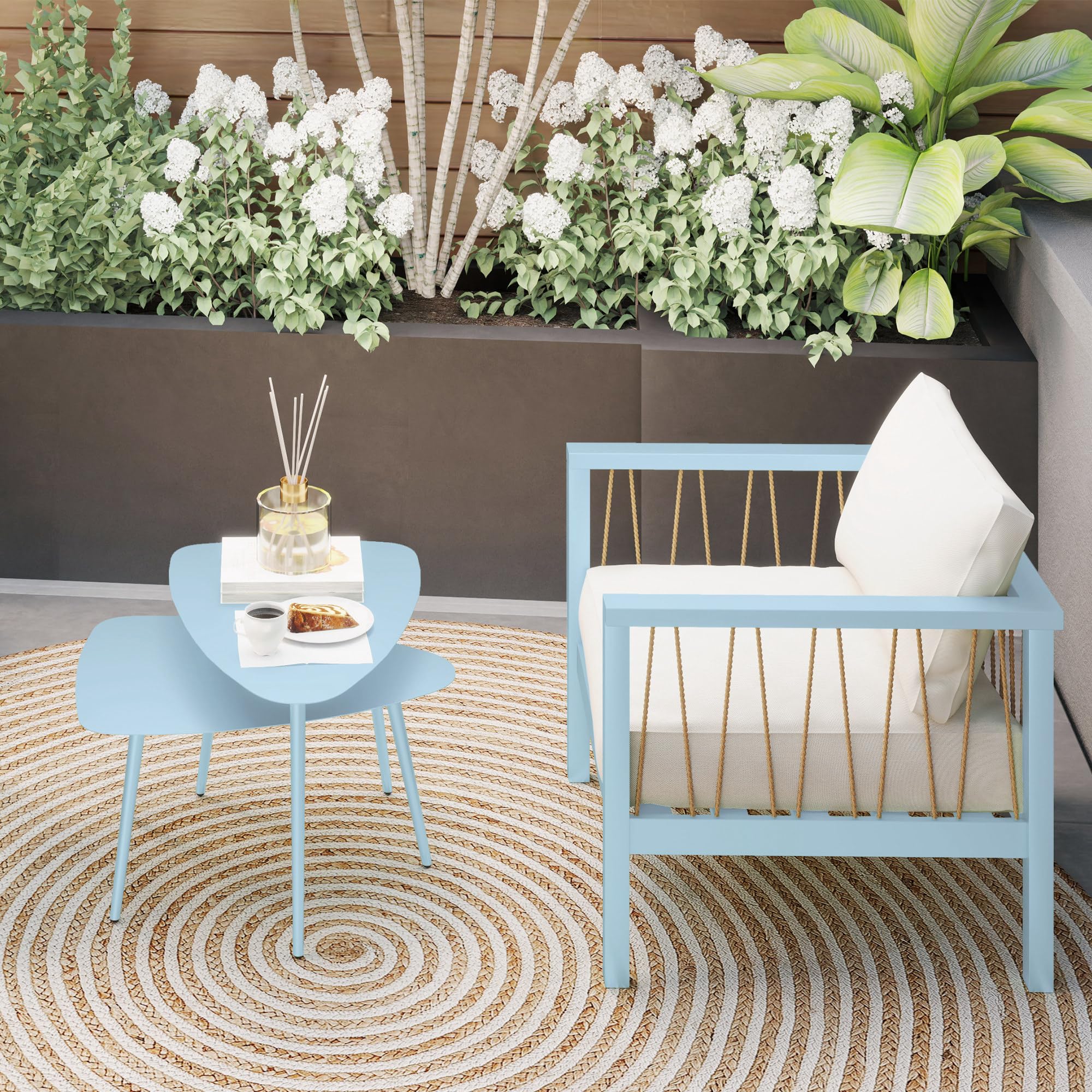 Outsunny Lot de 2 Tables Basses de Jardin, Tables d'appoint gigognes triangulaires, Cadre en Acier, avec Patins Ajustables pour Balcon, Patio, Jardin, Bleu Clair