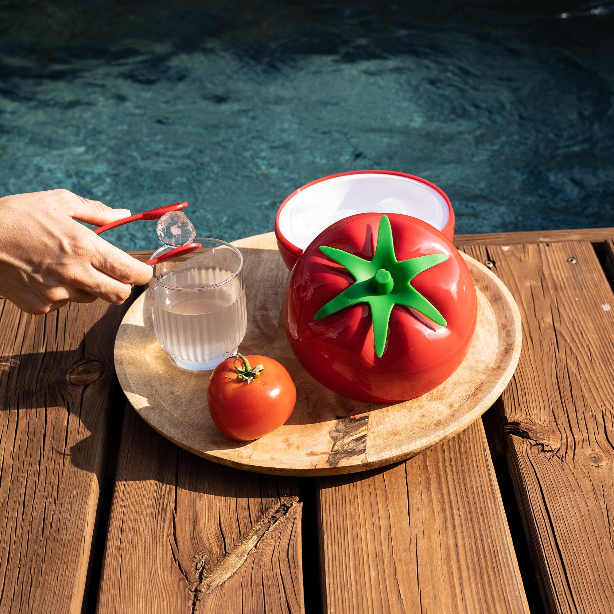 CÉCOA - Luchtdichte ijsemmer in tomatenvorm (750 ml) voor ijsblokjes ijsblokjestang voor voorgerechten, dranken, cocktails, zomeraccessoires