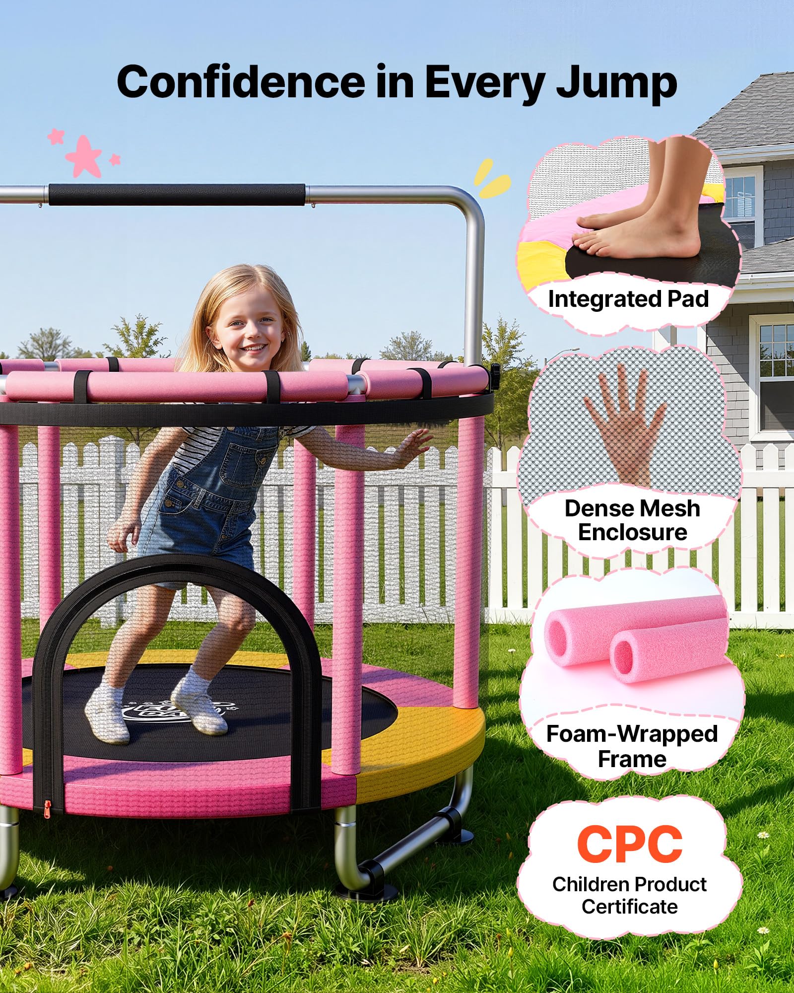 VEVOR Trampolino Elastico per Bambini Rete Protezione 150 cm Carico 60 kg, Trampolino Giocattolo Esercizio per Bambini da Interno Esterno Barra Regolabile Tappeto Integrato, Manubrio a 3 Livelli