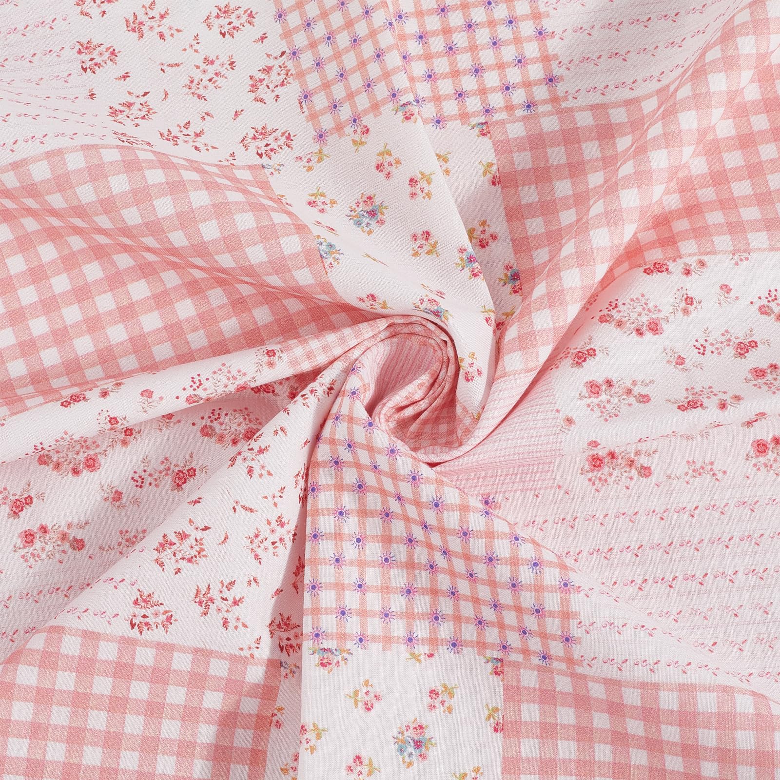 PH PandaHall Floral Cotton Fabric by The Yard Pink Gingham Fabric 1.4m Wide Flower Plaid Printed Fabrics Vintage Sewing Fabrics for Clothing Crafting Tablecloths Quilting Apparel Home Decor