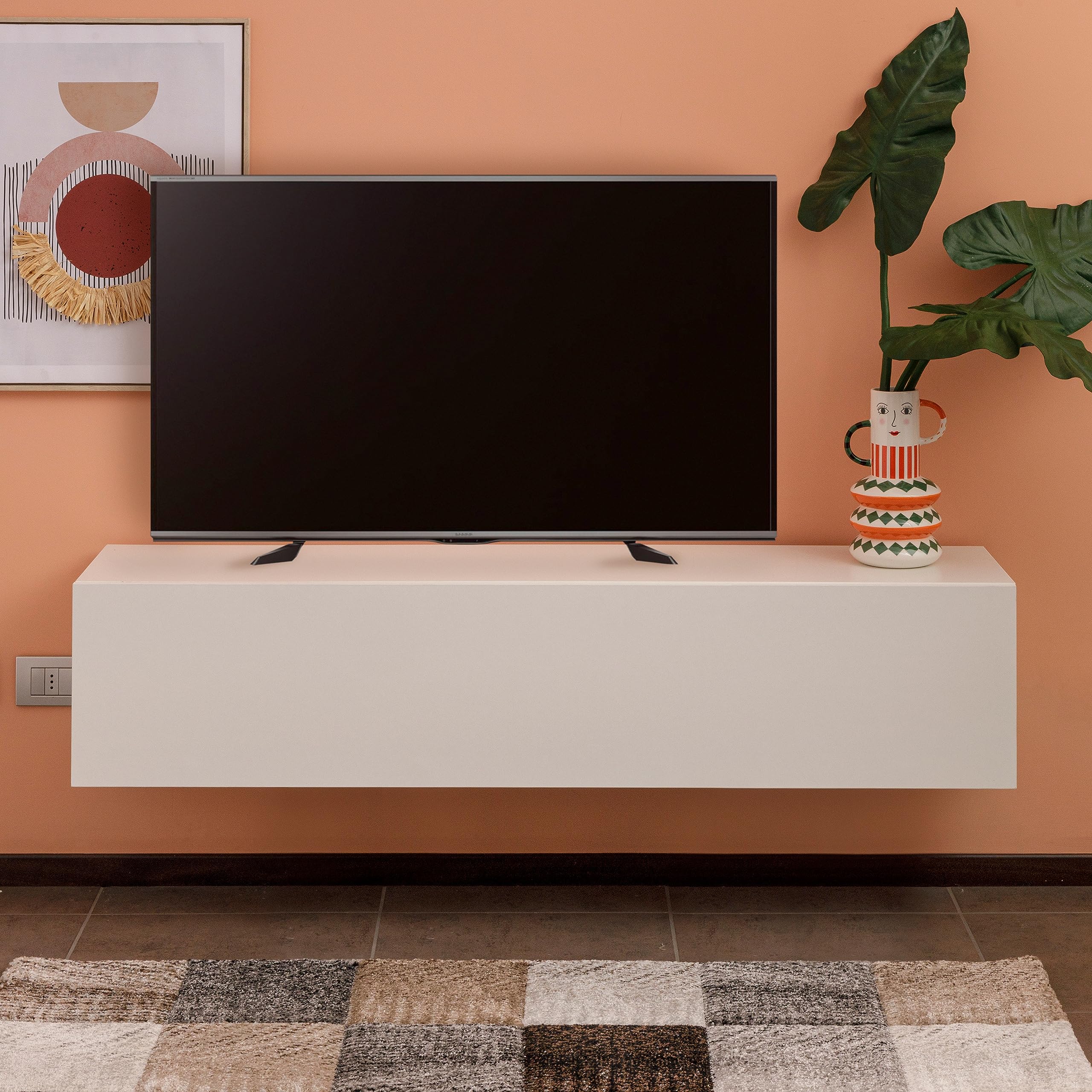Baroni Home Mobile per Tv Sospeso con 3 Cassetti, Foro per Passaggio Cavi in MDF, Consolle Porta TV per Camera da Letto, Salotto, Cucina, Bianco, 140x33x30 cm
