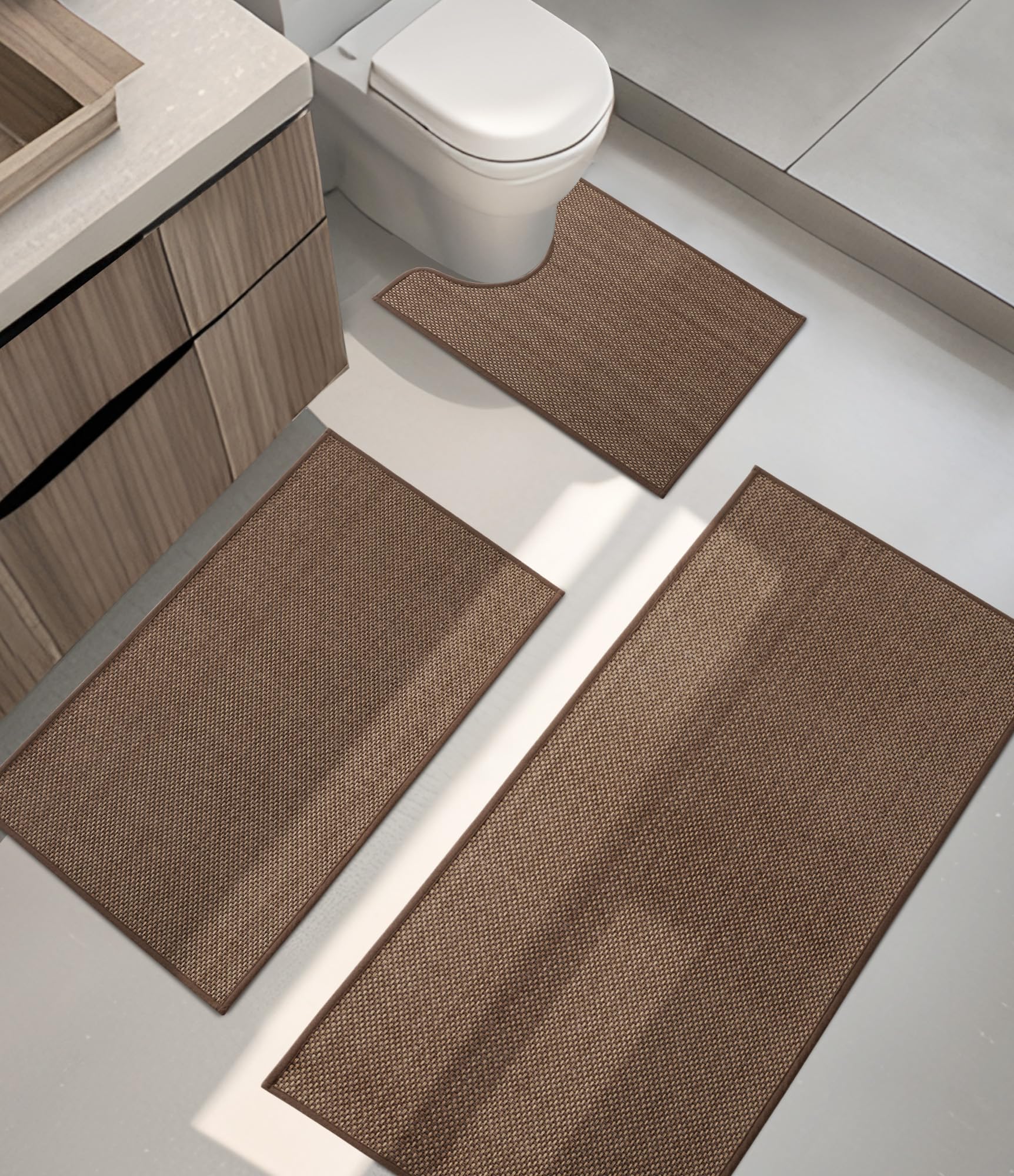 YIHOUSE Bathroom Rugs Sets 3 Pieces, Coffee Ultra Thin Bath Mats Fit Under Door, Absorbent Quickly Dry Rubber Backing Braided Bath Mat Set, Non Slip