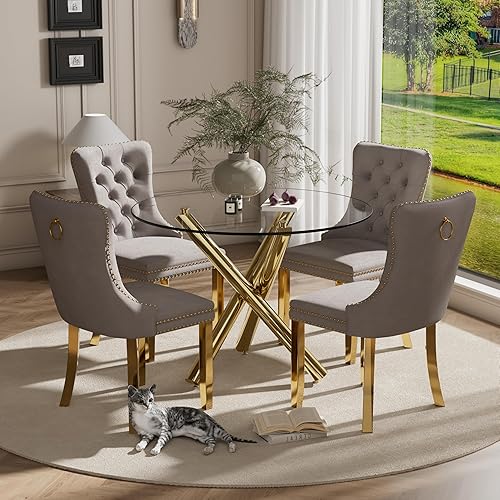 Miniatura 20 de Juego de mesa de comedor redonda dorada de 5 piezas, moderno juego de cocina circular de lujo para 4, 36 pulgadas, transparente, minimalista