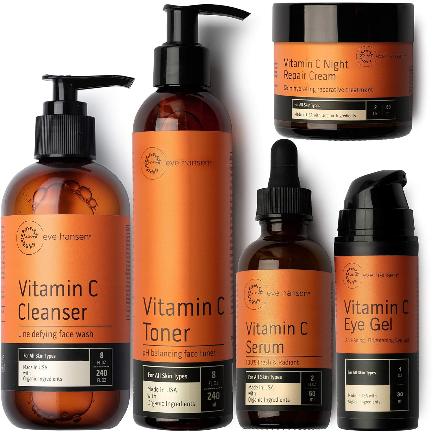 Eve Hansen Classic Vitamin C Brightening Set | Your Entire 5-Step Daily Routine to Improve Skin Tone, and Reduce Dark Spots & Fine Lines for All Skin Types