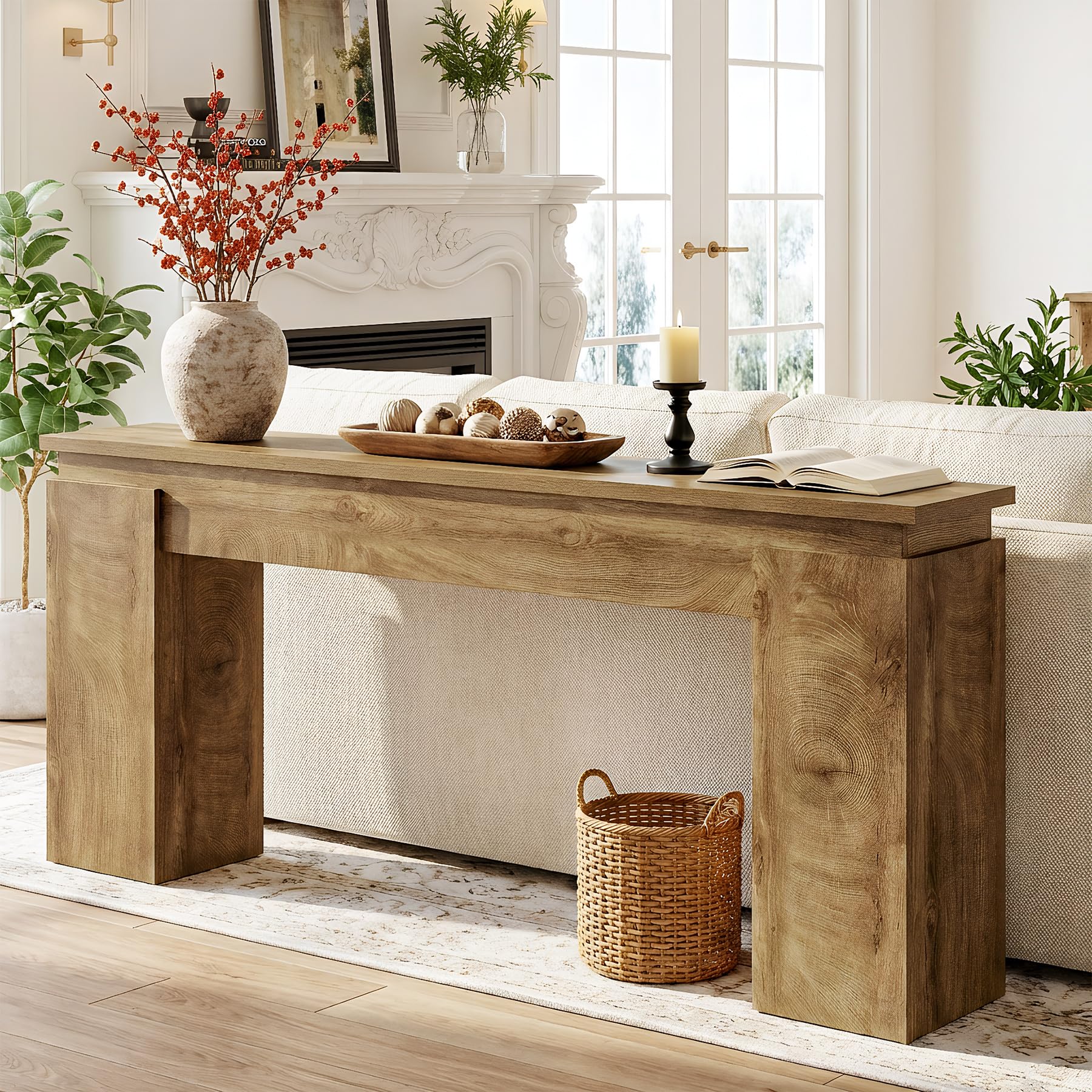 Tribesigns Farmhouse Console Table 160cm, Narrow Rustic Sofa Table with Open Storage Shelf, Wooden Hallway Stand for Entryway, Lounge or Behind Couch, Natural Oak