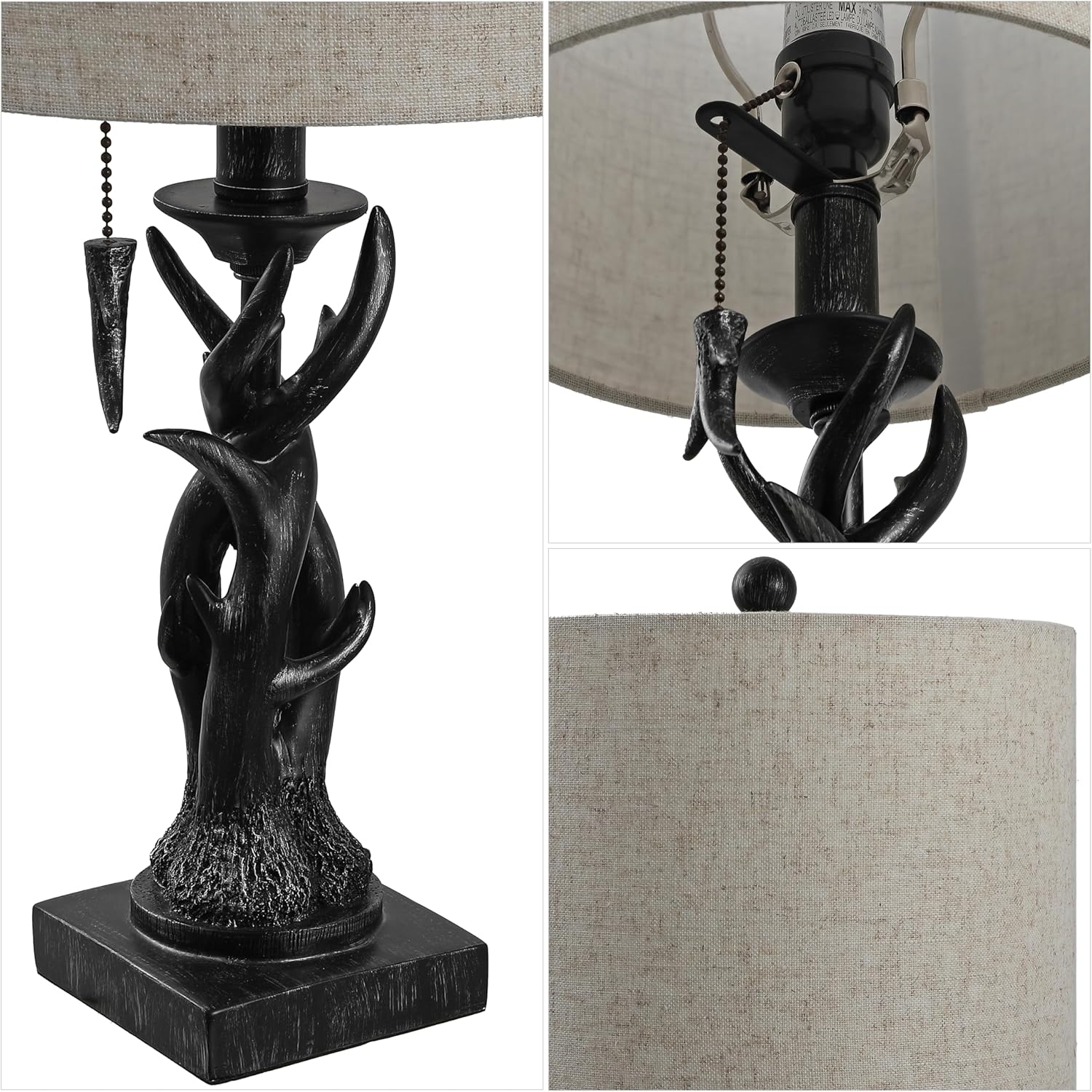 JONATHAN Y 20.5" Antique Black Rustic Antler Table Lamp for Bedroom Farmhouse Decor, Mini Faux Antler Desk Lamp with Gray Linen Shade, Lodge Cabin Nightstand Lamp, LED Bulb (JYL1031B)