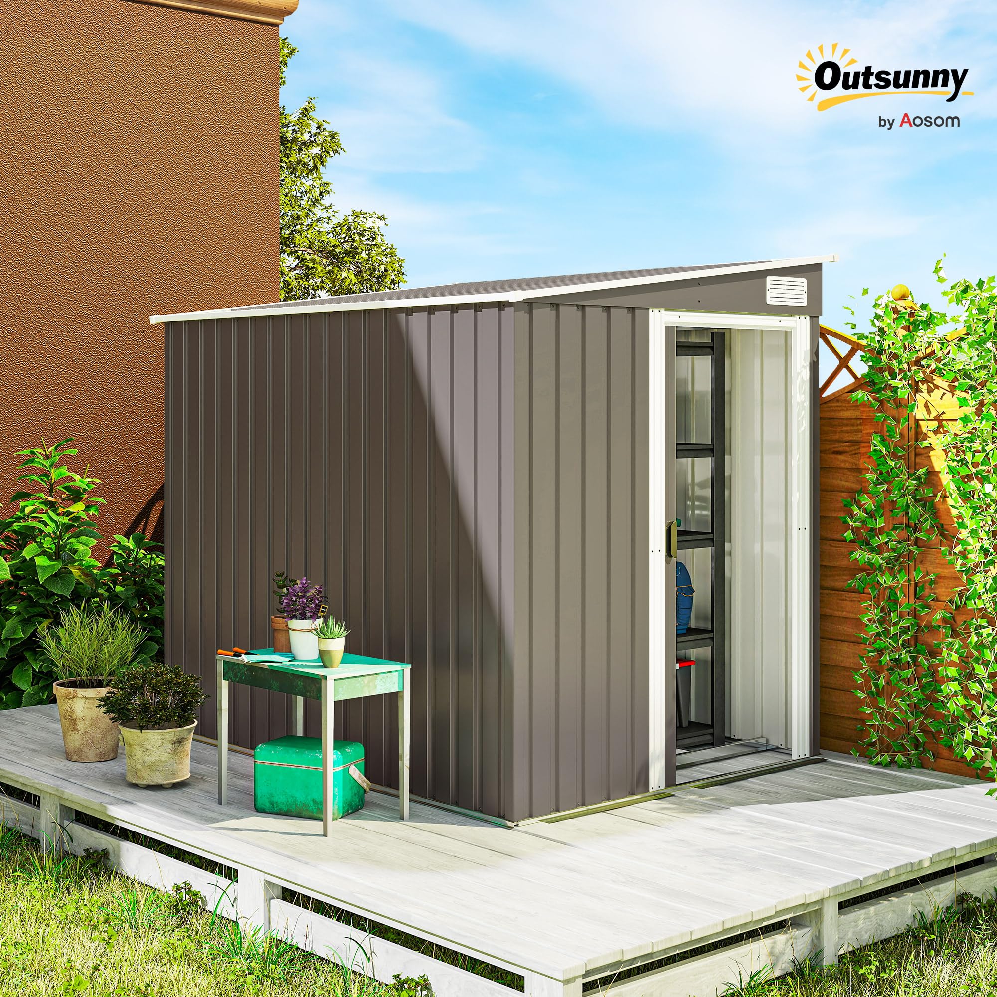 Outsunny Metall Gerätehaus 2,81m² 154x206,5x181 cm Geräteschuppen mit Pultdach Schiebetür wetterfest Hellgrau