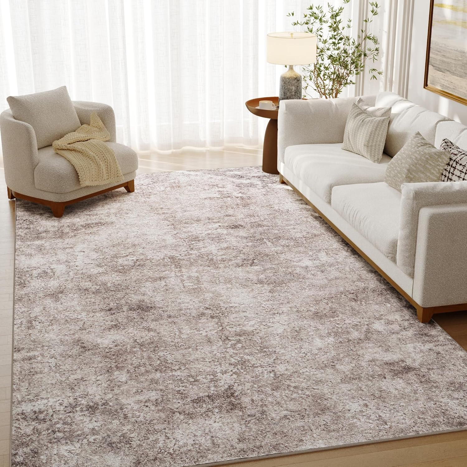 5x7 Washable Area Rug for Living Room, Non-Slip Soft Modern Abstract Large Carpet, Low Pile Neutral Rugs for Bedroom, Dining Room, Home Office, Dorm, Indoor Decor, Taupe Brown Taupe 5' x 7' (Rectangular)