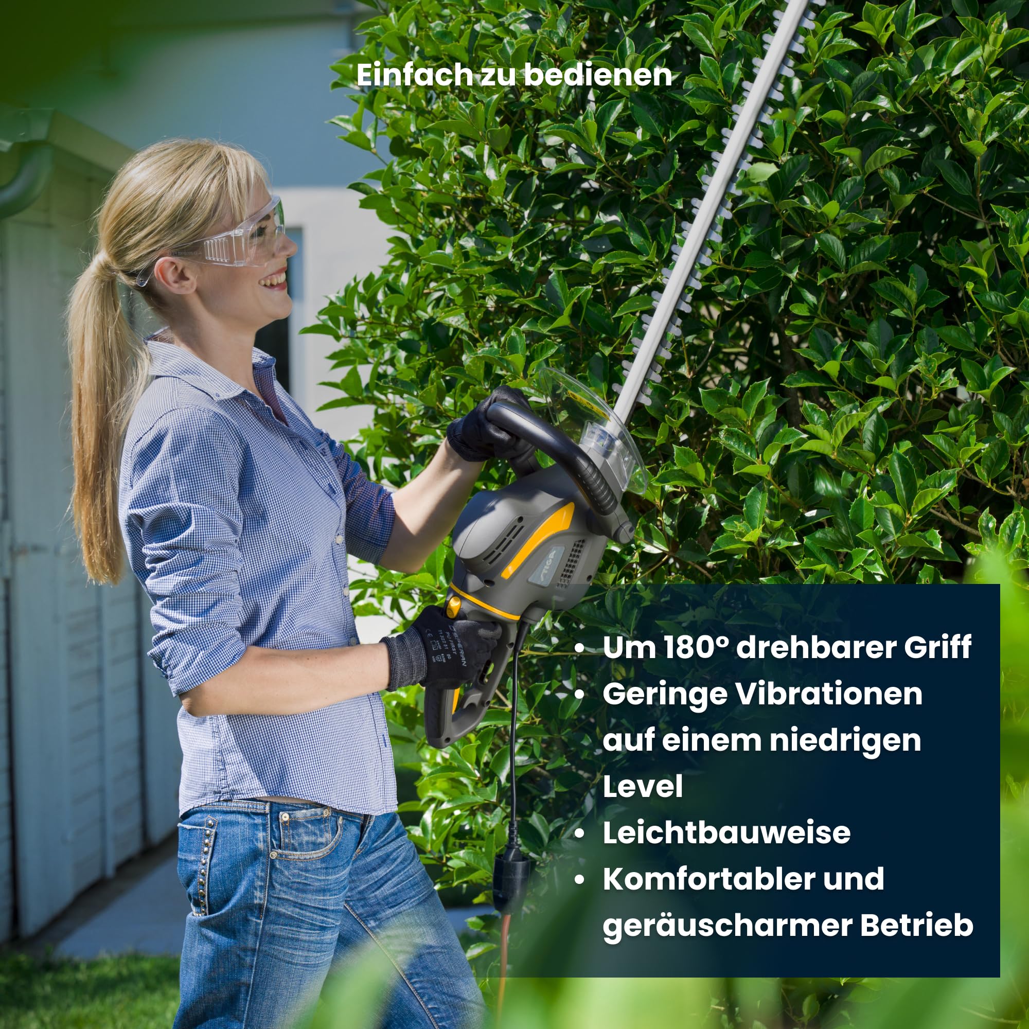STIGA HT 106c Elektro-Heckenschere, 600 W, 60 cm – Doppelmesser, 180° Drehbarer Griff (3 Positionen) – Für Hecken