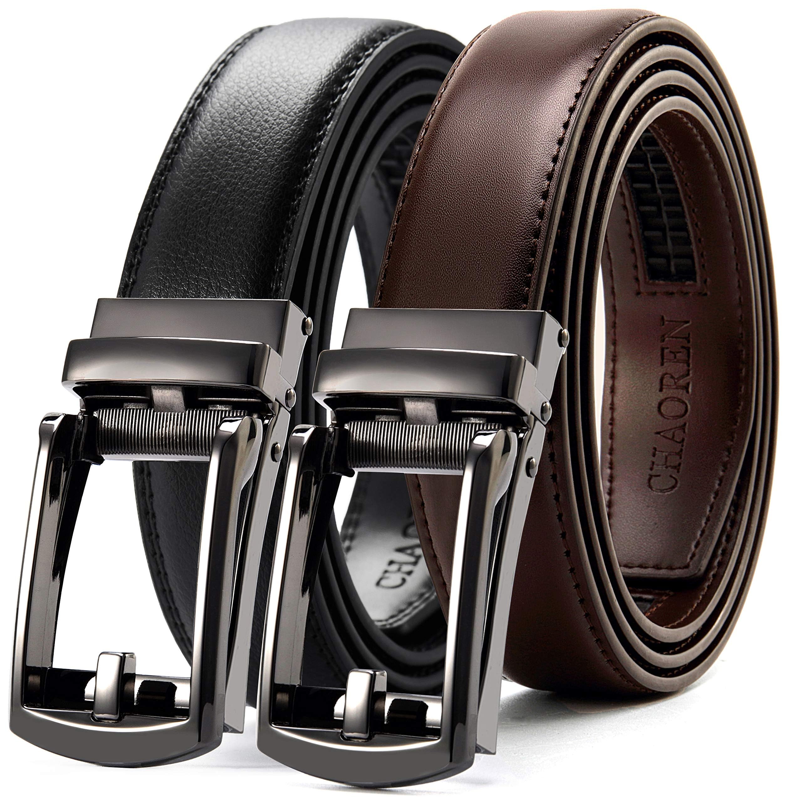CHAOREN Men's Leather Ratchet Belt Pack of Two - Black, One Size - Adjustable, Scratch Resistant, Luxury Packaging