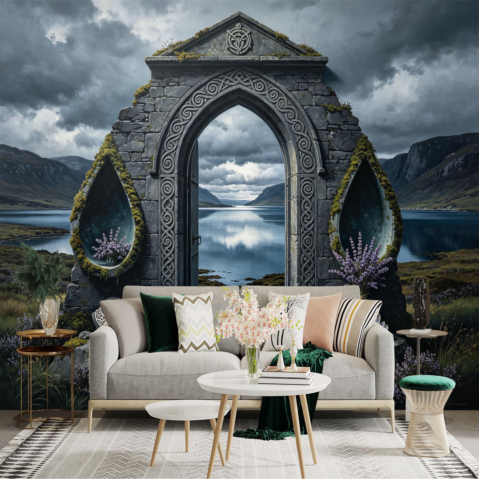 Custom Size Wall Sticker Mural， Celtic Stone Archway， Mystic Lake Landscape， Dark Nordic Scenery， for wall Decoration， peelandstick wall Decals.