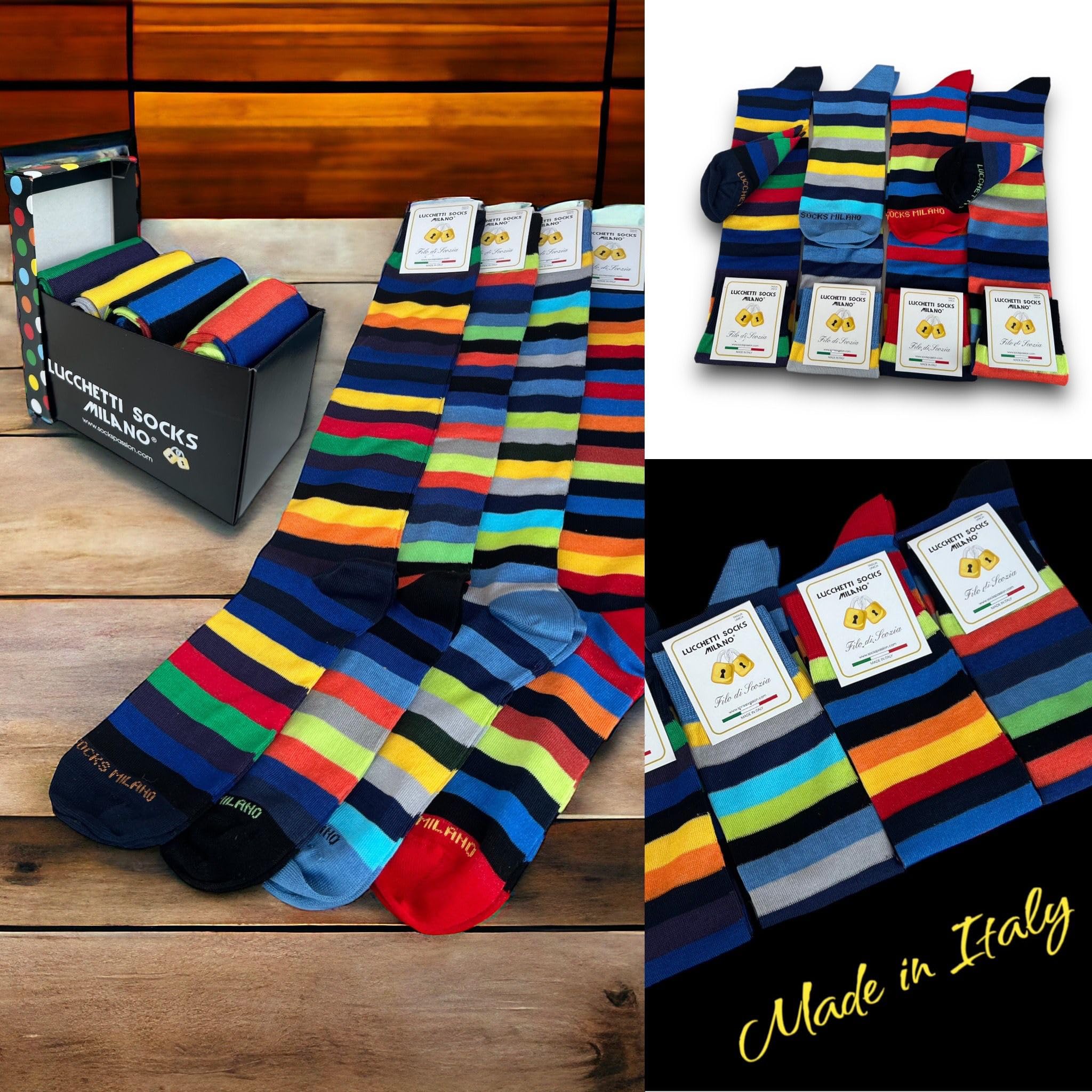 Lucchetti Socks Milano 6 Pares Calcetines Hombre Verano Hilo Escocia Hasta la Rodilla no Bajan Calcetines Algodon Hombre 100% Made in Italy Calcetines Altos Hombres Elásticos