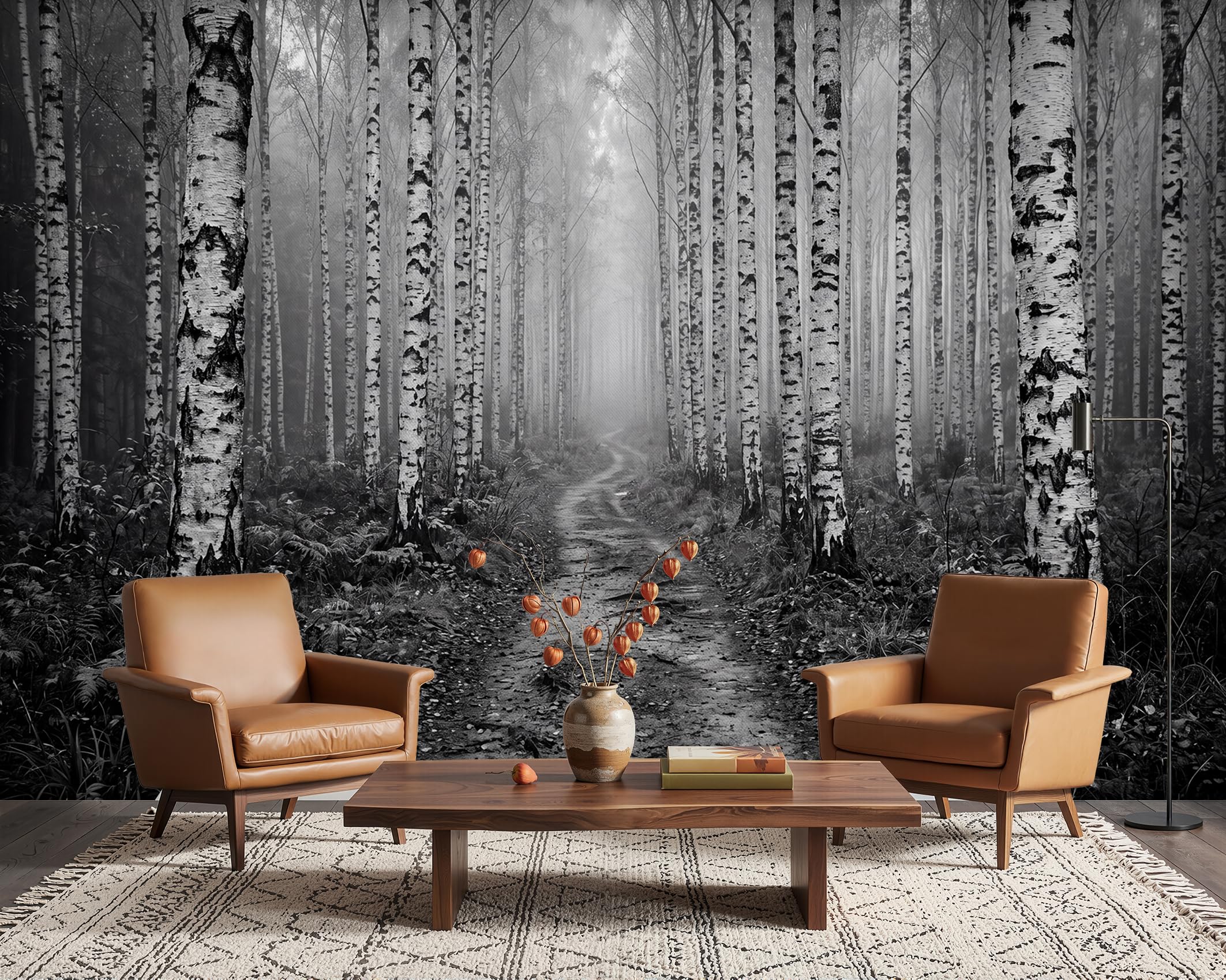 PaxGloz Black and White Birch Tree Photo Wallpaper, Monochrome Woodland Misty Forest Wall Mural for Living Room & Bedroom, Non-Woven Decorative Wall Art 368x254 cm โ image 1