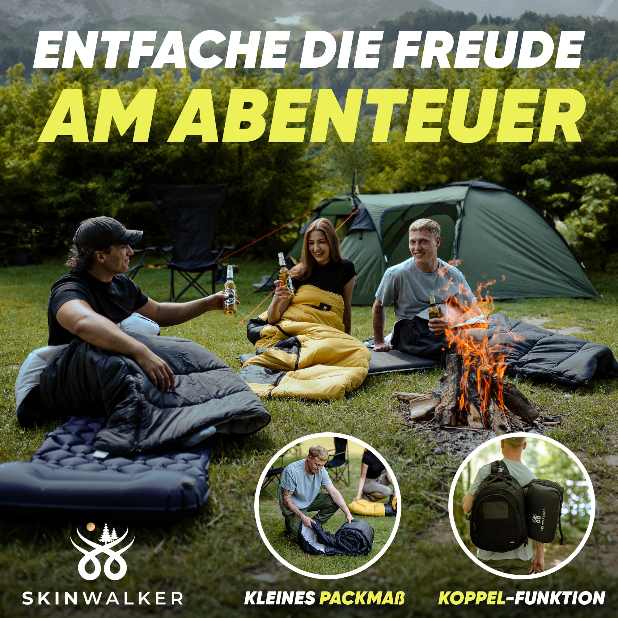 SkinWalker Schlafsack Erwachsene mit Anti-Rutsch Streifen, kleines Packmaß & Ultraleicht 1500g, 3 Jahreszeiten Deckenschlafsack, Schlafsäcke für Camping, Outdoor & Festivals