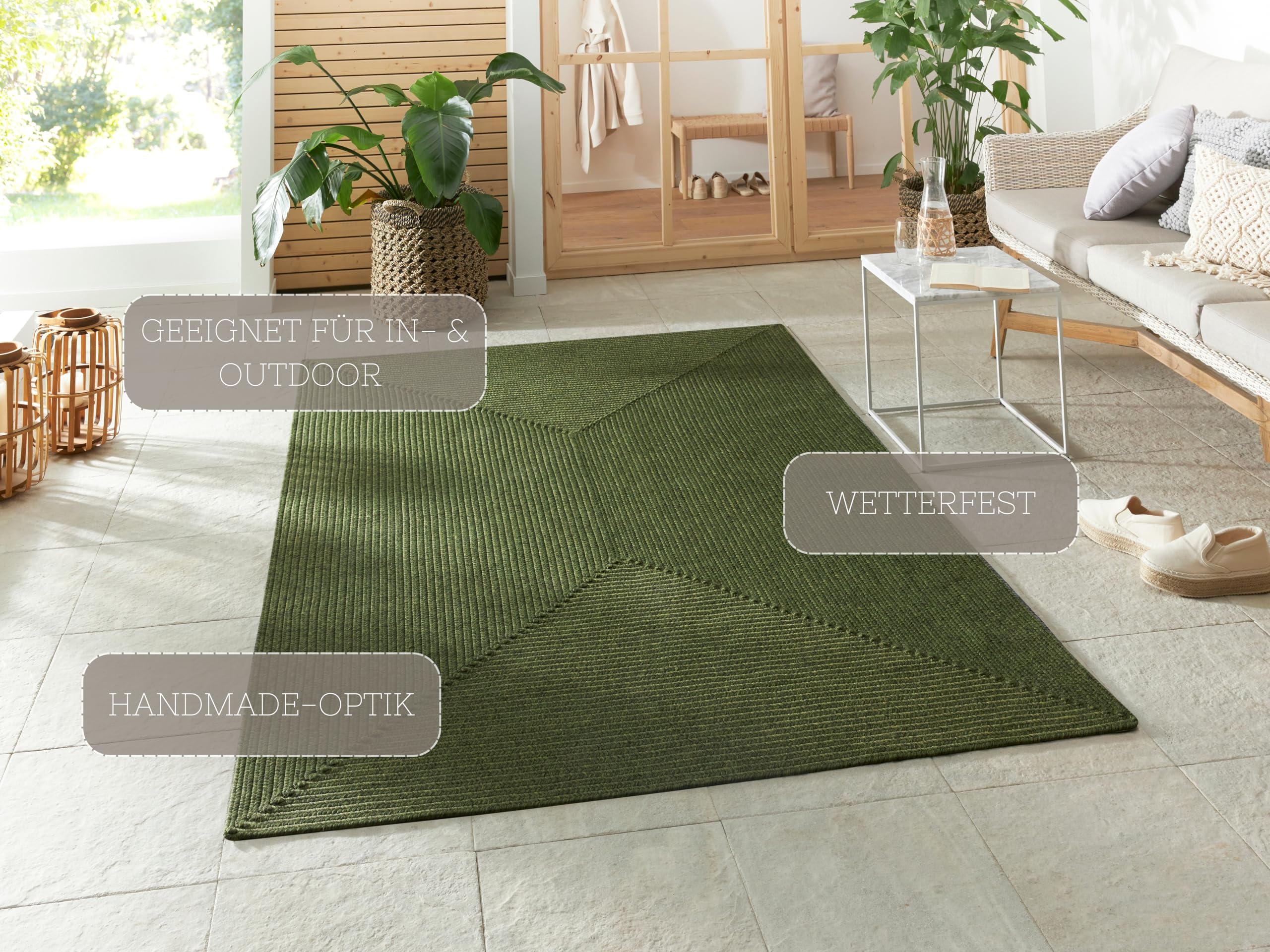 NORTHRUGS Tapis d'extérieur Trenzado - Design Moderne - Pliant - Aspect Fait Main - pour Balcon, terrasse, Jardin, Salon, Salon, Salon, Durable, Durable, Facile d'entretien - Vert - 160 x 230 cm