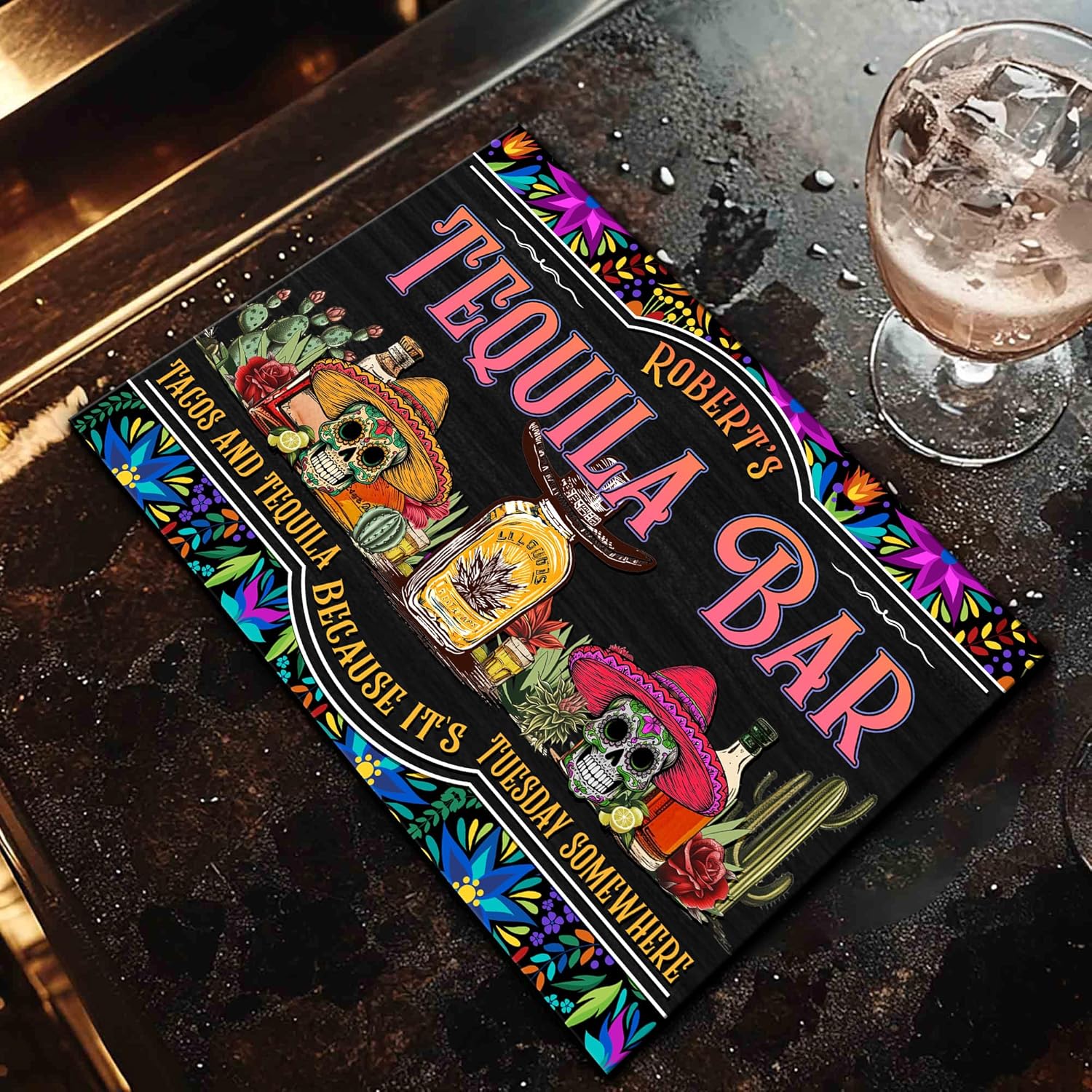 THUYPT Personalized Drying Mat for Tequila Bar Home Bar Decorations, Spill Mat Countertops, Durable Rubber Bar Mat for Countertop & Home Bar, Tequila Bar Accessories (03)