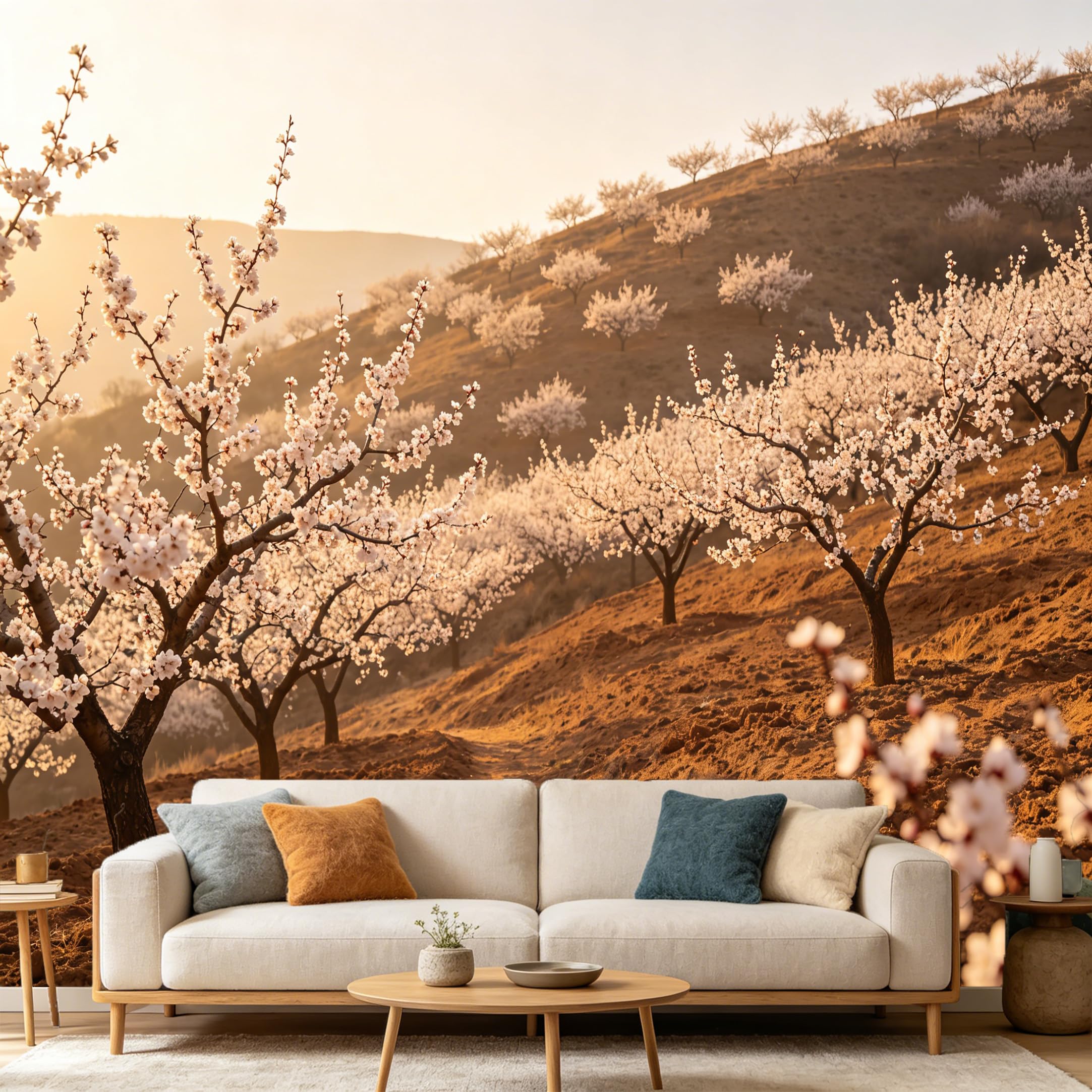Custom Size Wall Mural Botanical Almond Blossom Orchard Sunset Landscape SelfAdhesive Art Prints wall Fabric（No PVC） Removable Wallpaper Home Bedroom Decor Interior