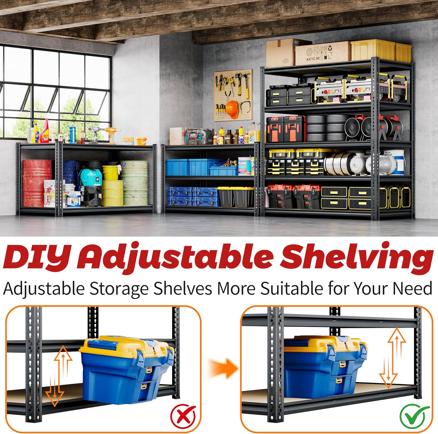 72"H Storage Shelves heavy duty Shelving, 2425LBS Garage Shelving, 5 Tier Metal Shelving Unit Adjustable Garage Shelves, Garage Storage Shelves for Warehouse Pantry Closet,40" W × 20" D × 72" H, Black - Image 7