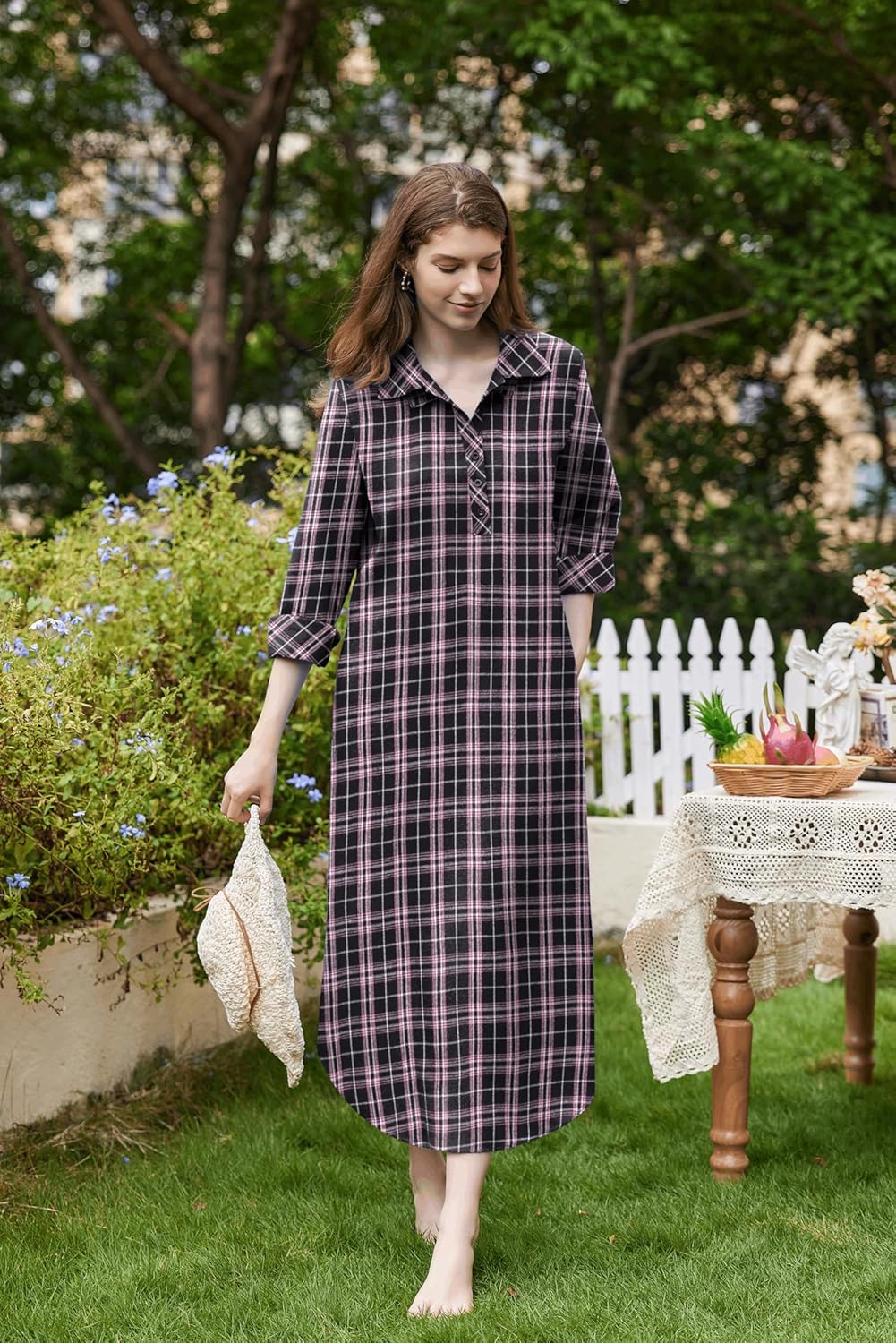 Ekouaer Women's Cotton Nightgown Long Sleeve Plaid Sleep Shirts Button Down Sleepwear with Pockets - Image 3