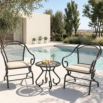 PHI VILLA 3pc Metal Mesh Outdoor Bistro Set, Rocking Chairs & Coffee Table