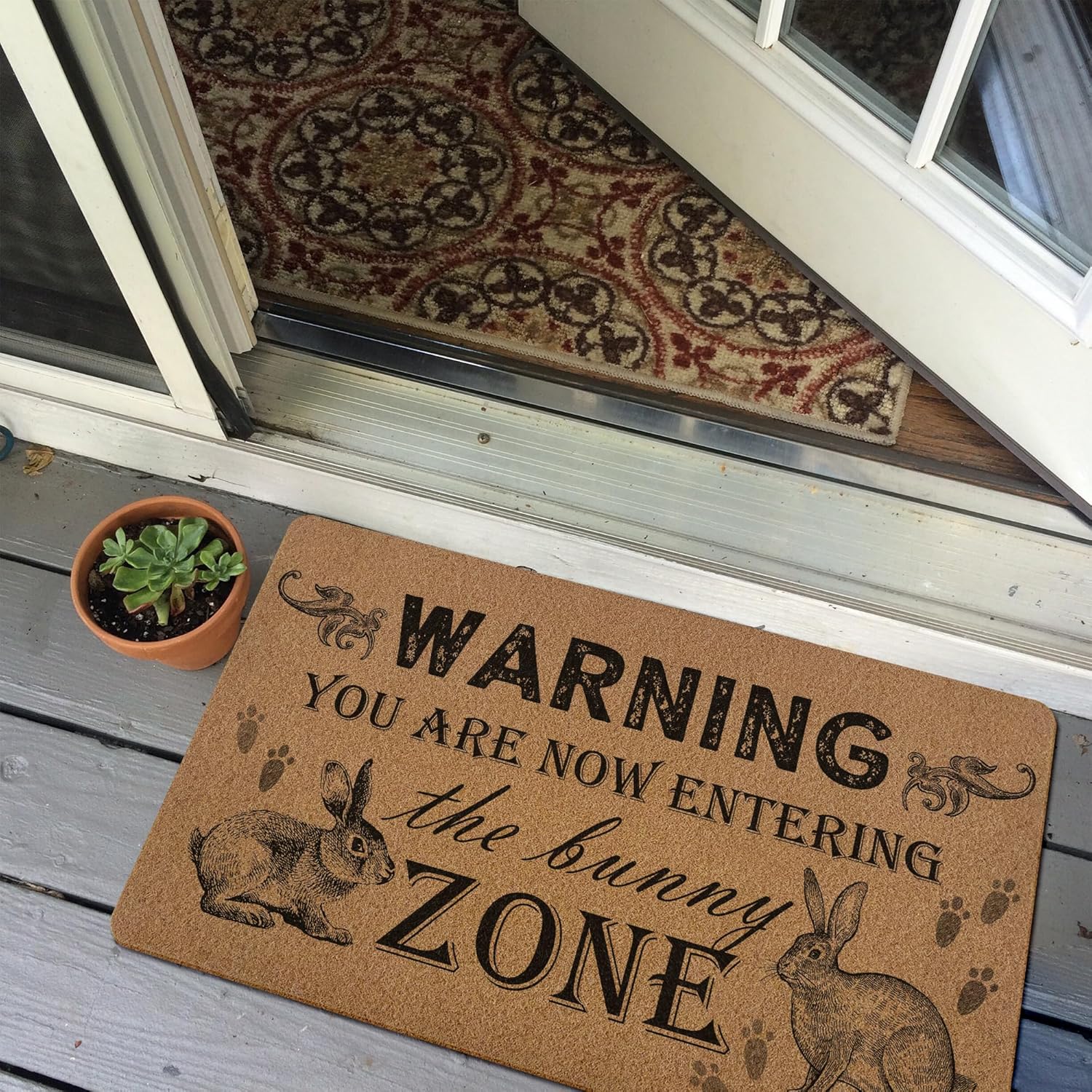 Funny Bunny Easter Door Mat,Rabbit Welcome Front Door Mat Indoor Outdoor Entrance,Rustic Warning You Are Now Entering The Bunny Zone Artificial Coir Doormat Rugs for Bunny Lovers Entry 30x17in