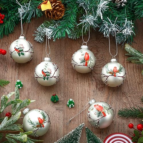 Miniatura 6 de 6 adornos de cristal para árbol de Navidad con diseño de pájaro cardenal, pájaro rojo, pintado a mano, bola de vidrio redonda para colgar,
