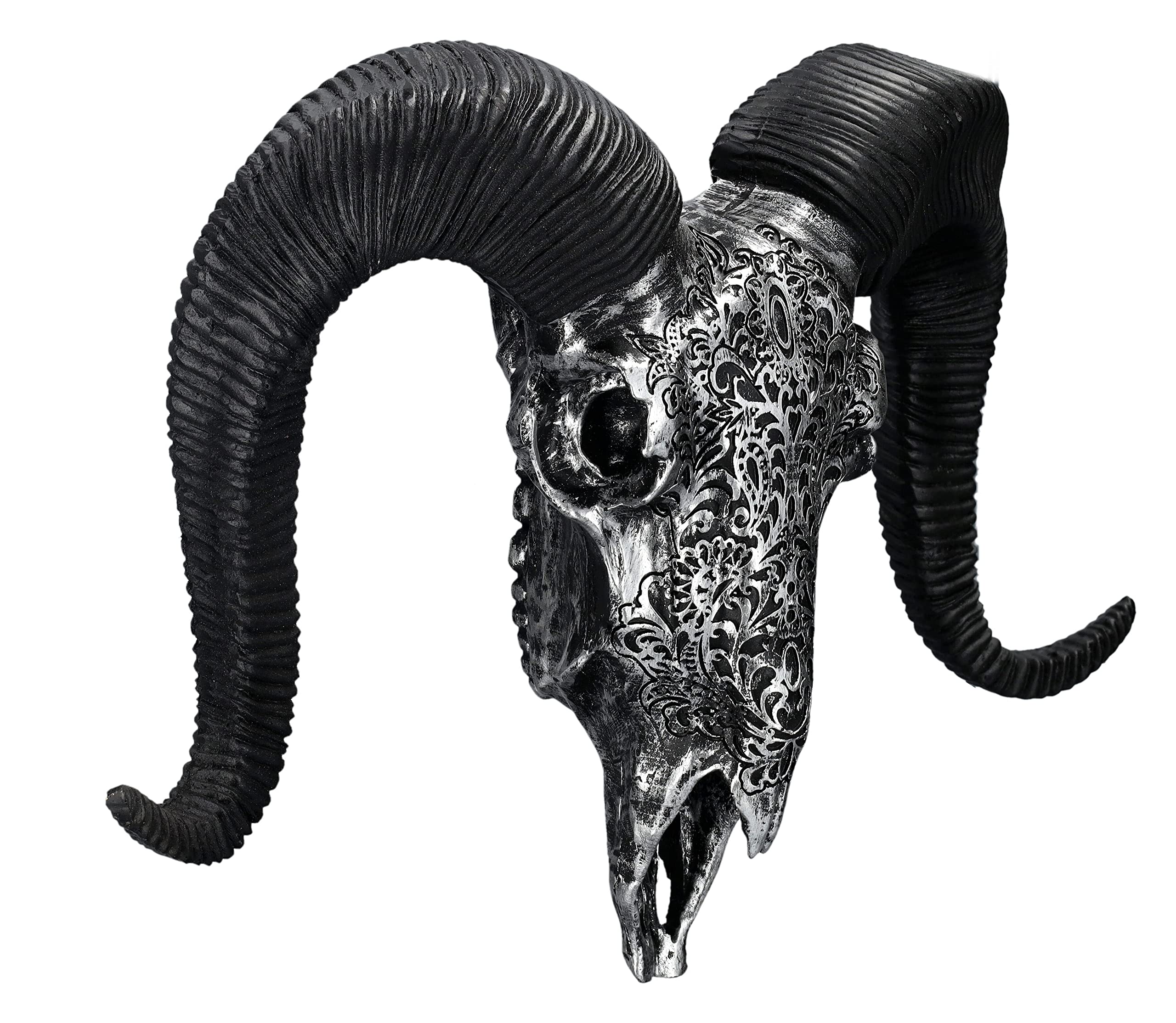 Pacific Giftware Trofeo en relieve de pared – Cráneo de carneros 29 cm con adornos plateados calavera con cuernos trofeo | Toro, cabeza de toro, ovejas largas