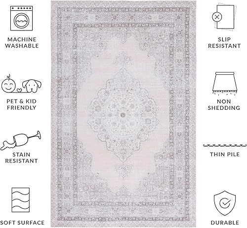 Miniatura 4 de SAFAVIEH Alfombra lavable Tucson Collection - 6 x 9 pies, beige y verde claro, antideslizante, ideal para zonas de alto tráfico en sala de estar,