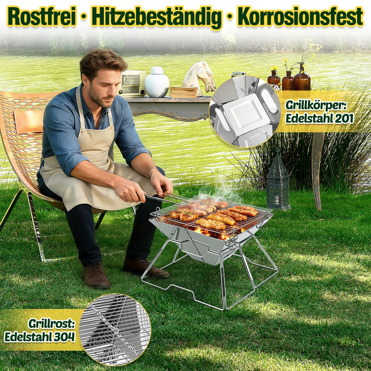 Hebitod Mini Campinggrill Klappbar 31x31cm Holzkohlegrill Edelstahl Tragbarer Grill mit Tragetasche, Kleiner BBQ Grill 2-fach Höhenverstellbar für Camping Picknick Balkon Garten Sport & Freizeit