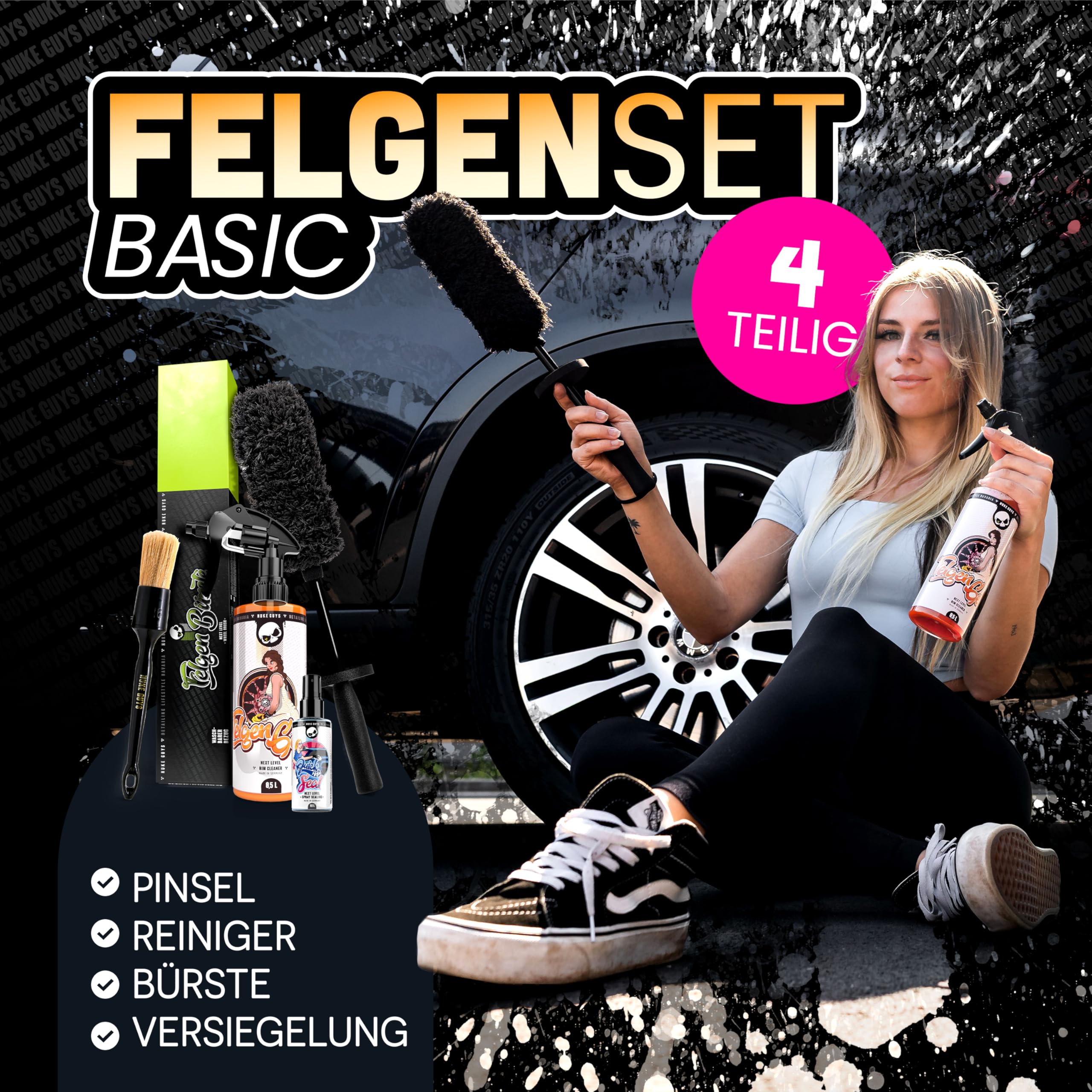 Nuke Guys Felgen Reinigungsset | Felgenreiniger 500ml + Mikrofaser Felgenbürste + Felgenversiegelung 100ml + Felgenpinsel | Auto Felgenpflege Set für strahlende Alufelgen