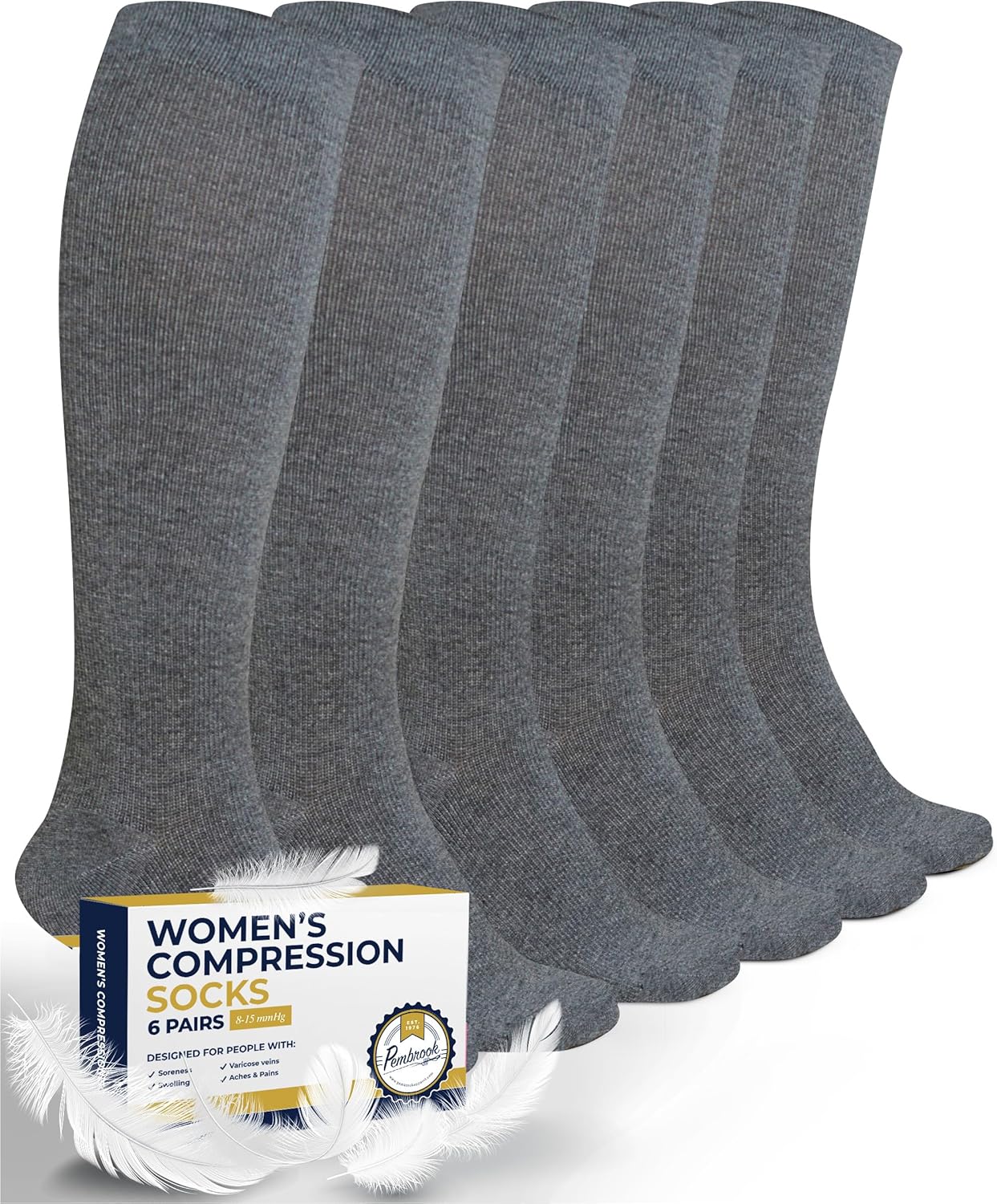Pembrook Light Compression Socks for Women - 6 Pairs | 8-15 mmHg Cotton Compression Socks Women | Circulation Support Medium Solid Gray