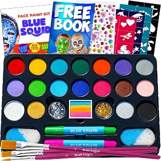 Blue Squid Face Painting Kit for Kids - 22 Color 160pcs Kids Face Paint Kit with Stencils & Book, Halloween Makeup Kit, Professional Face Paint Kids Face Painting Kit Non Toxic Face Paint Kit for Kids