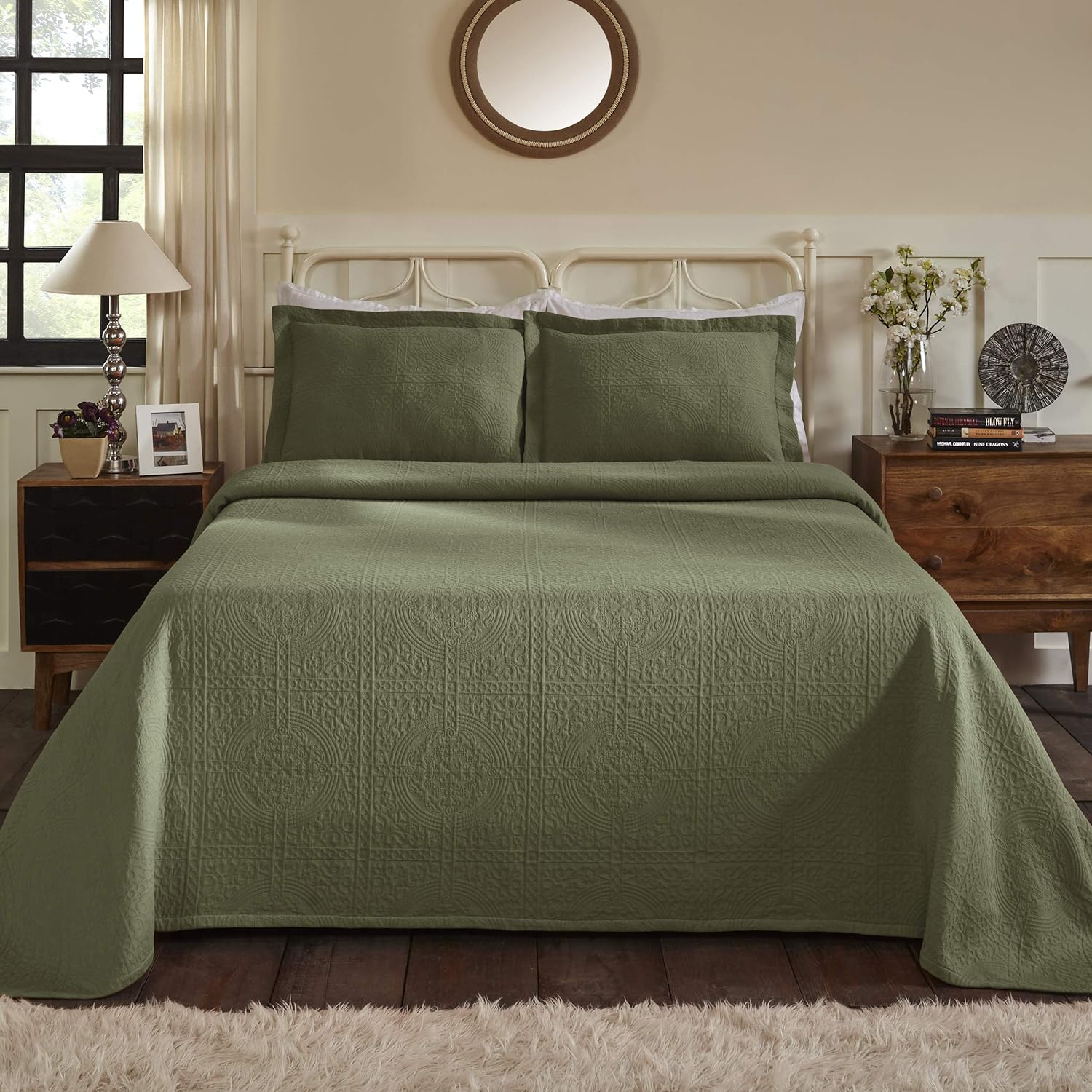 Flаѕh Dеаlѕ - 80% оƒƒ SUPERIOR Jacquard Matelasse Fleur De Lis 100% Cotton Medallion 3-Piece Bedspread Set - King, Sage