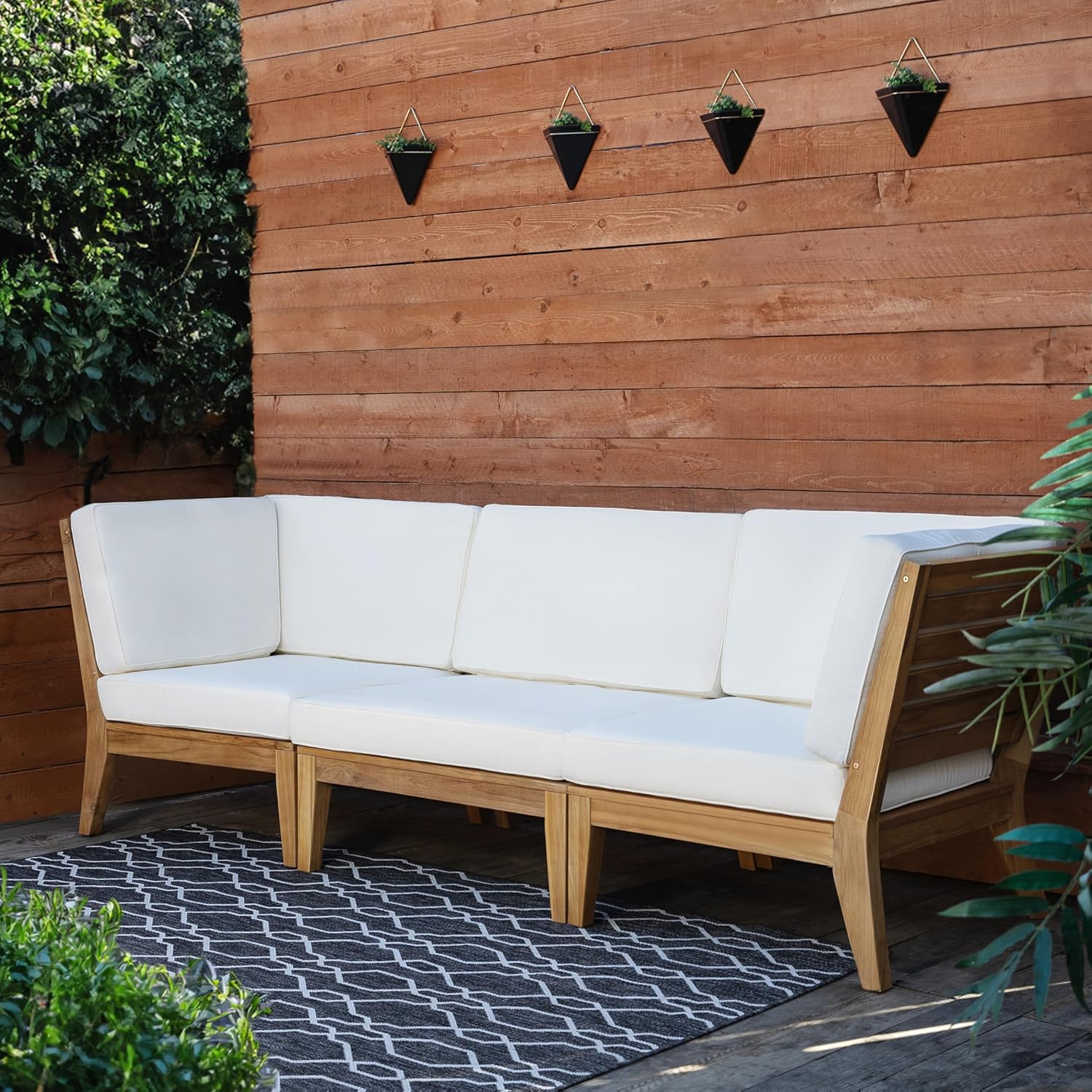 Linon Bellamy Natural Solid Teak Wood Outdoor Armless Chair with Removable Cream Cushions