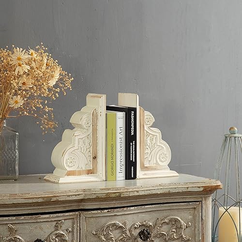 Miniatura 6 de 1 par de sujetalibros de madera con acabado rústico envejecido, sujetalibros blancos decorativos únicos, extremos de libro de granja con patrón