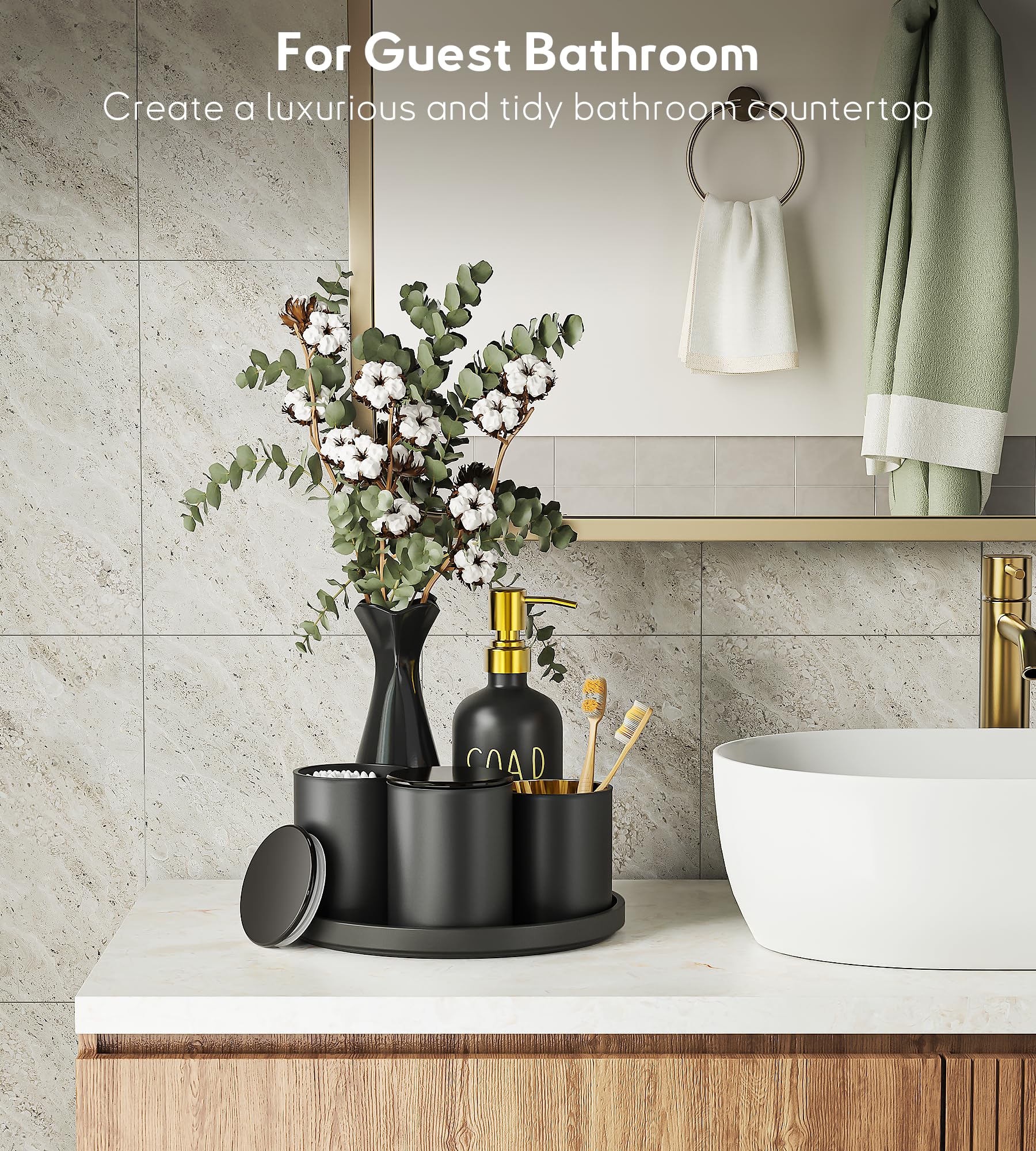 Juego de accesorios de baño negros con bandeja, 6 juegos de accesorios de baño negro mate, dispensador de jabón de vidrio y soporte para cepillo de dientes, soporte Qtip, jarrón de flores de cerámica